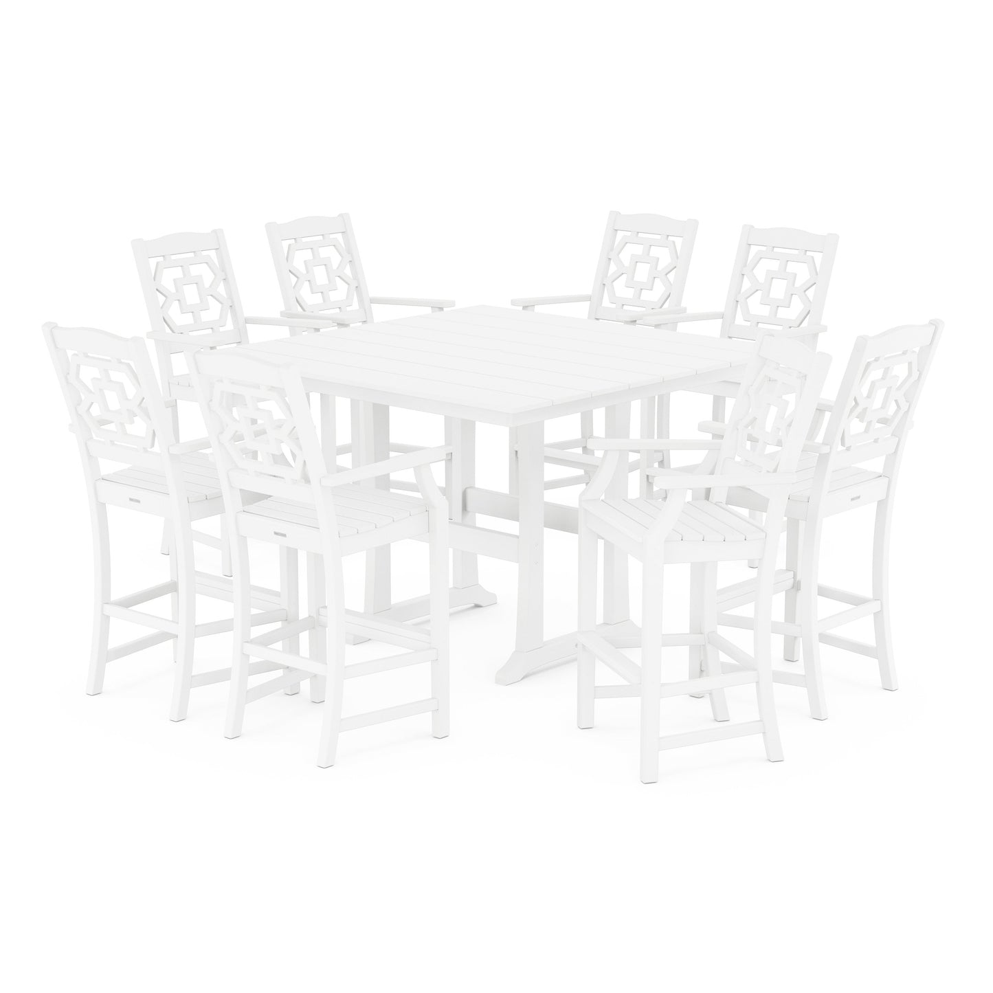 POLYWOOD Chinoiserie 9-Piece Square Farmhouse Bar Set with Trestle Legs — White