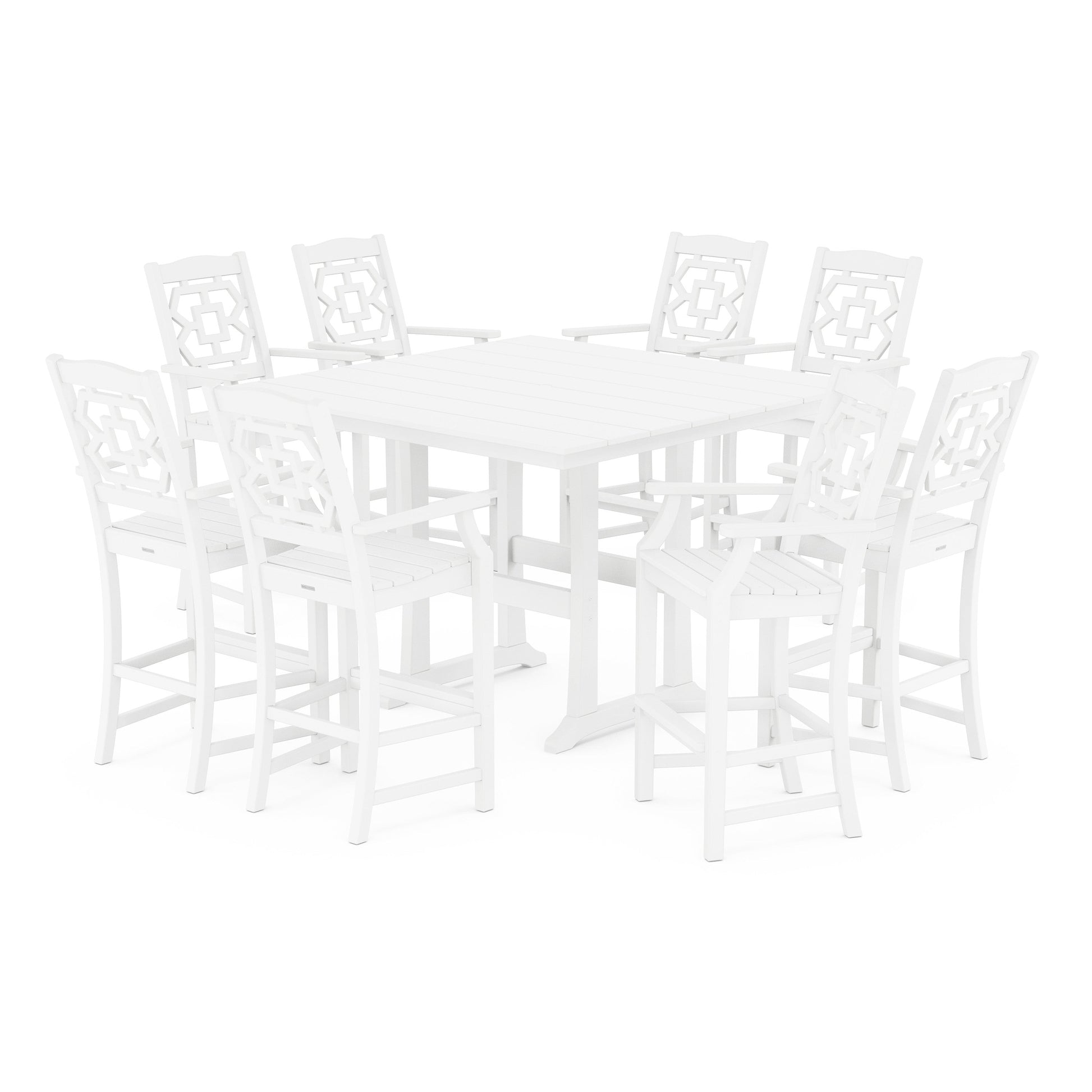 POLYWOOD Chinoiserie 9-Piece Square Farmhouse Bar Set with Trestle Legs — White