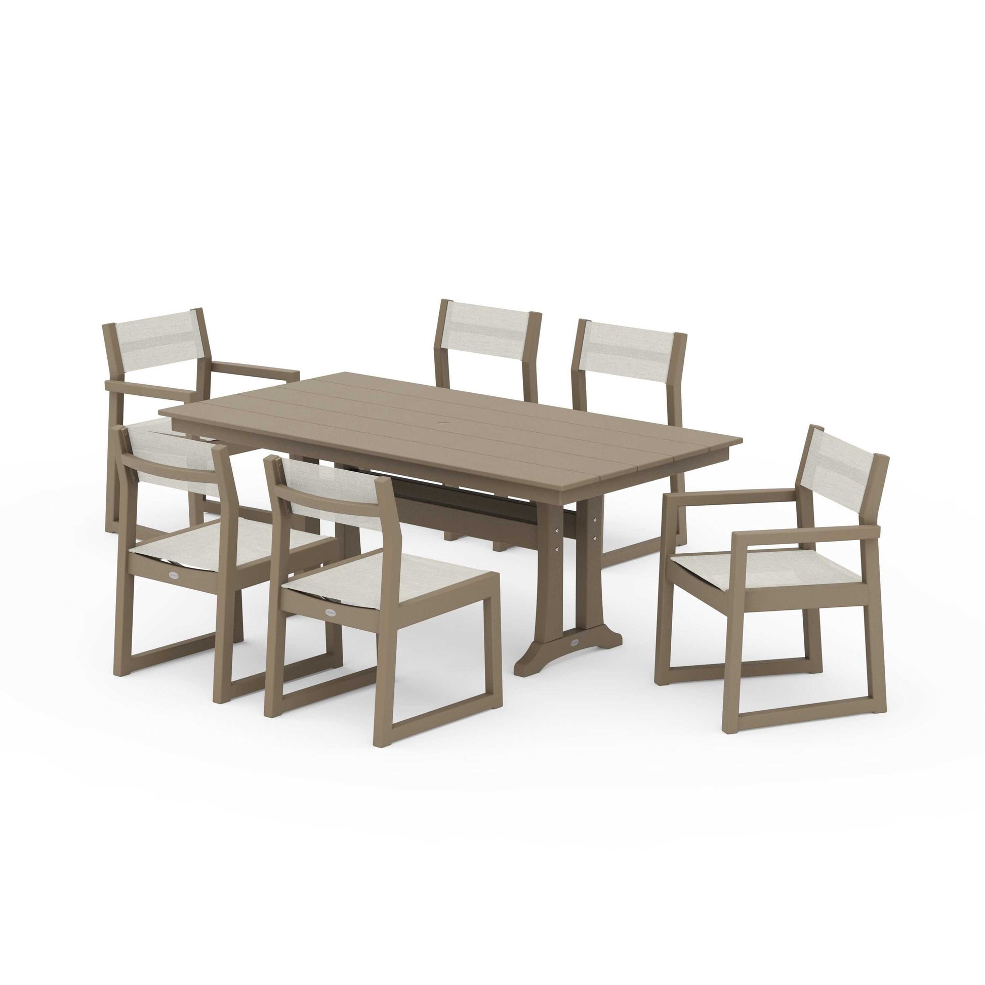 POLYWOOD EDGE Sling 7-Piece Farmhouse Trestle Dining Set — Vintage Sahara / Parchment Sling