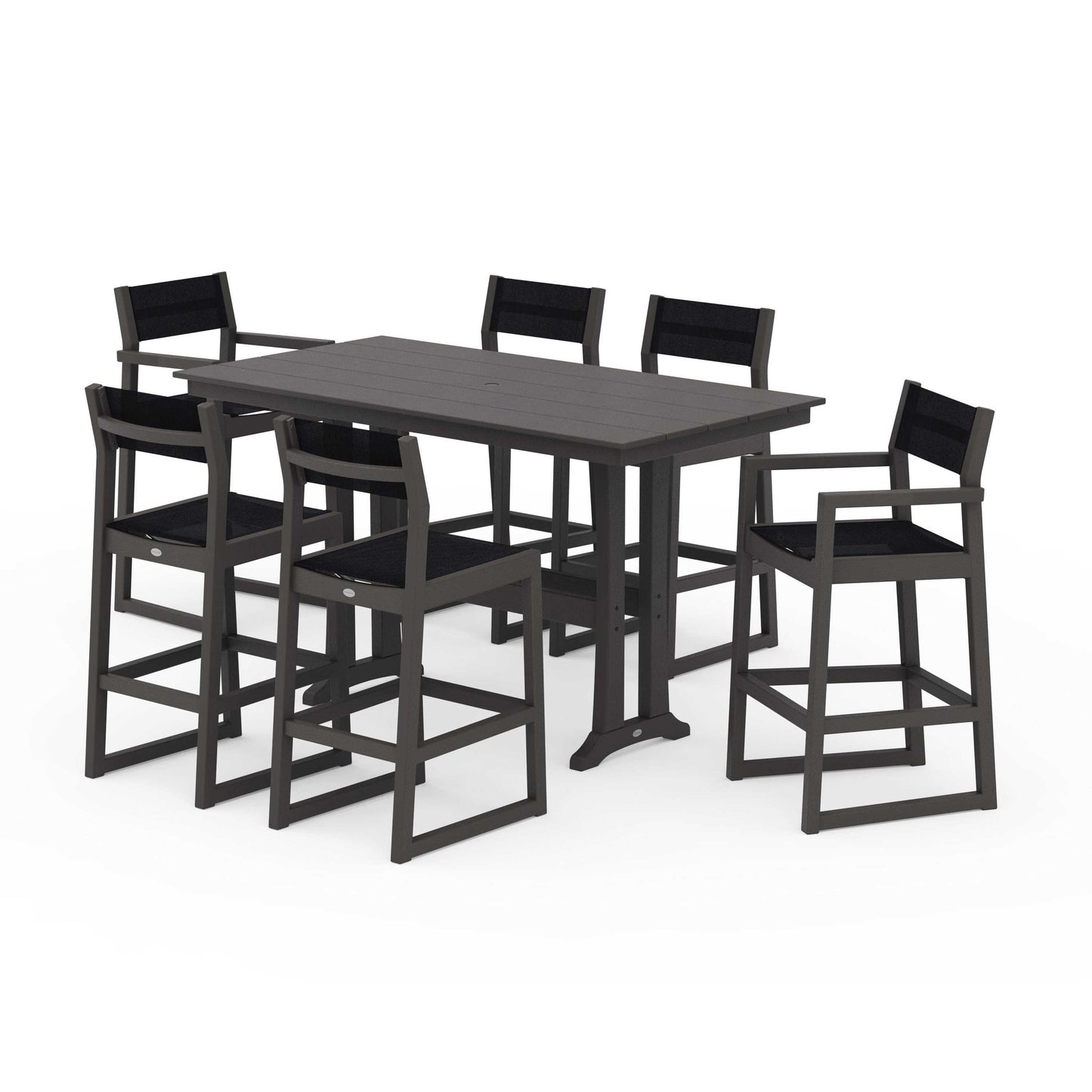 POLYWOOD EDGE Sling 7-Piece Farmhouse Bar Set with Trestle Legs — Vintage Coffee / Black Sling