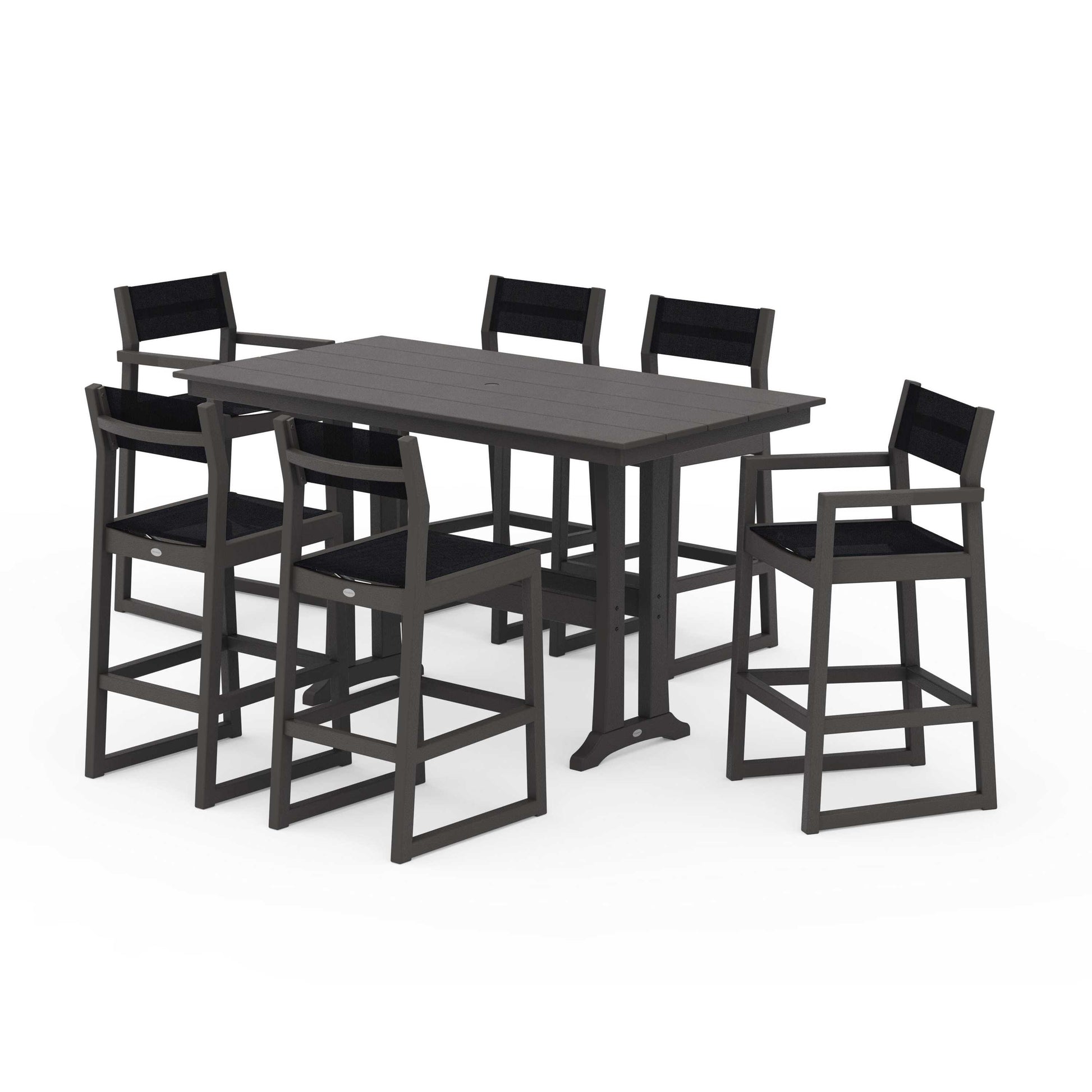 POLYWOOD EDGE Sling 7-Piece Farmhouse Bar Set with Trestle Legs — Vintage Coffee / Black Sling