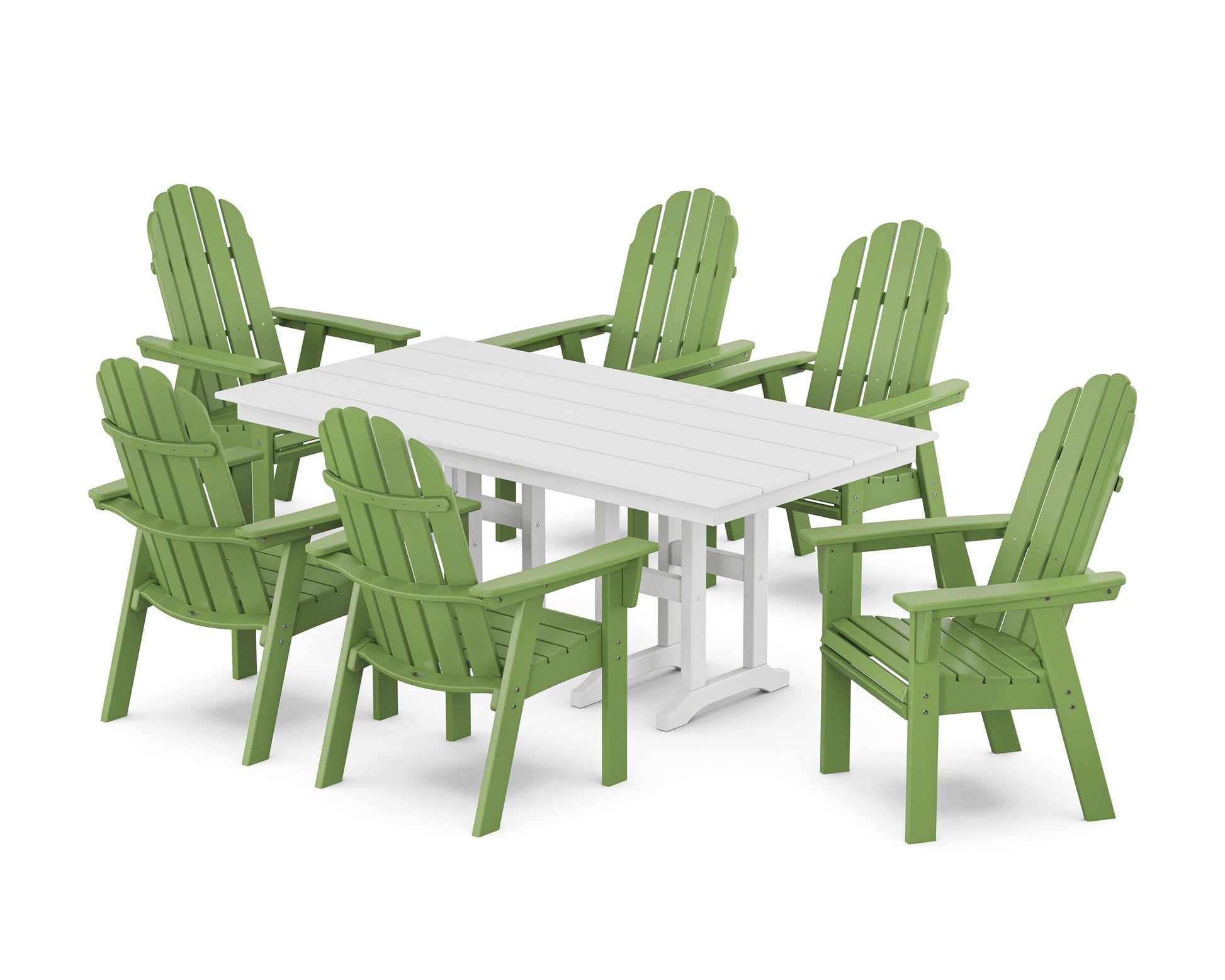 POLYWOOD Vineyard Curveback Adirondack Chair 7-Piece Farmhouse Dining Set — Lime / White