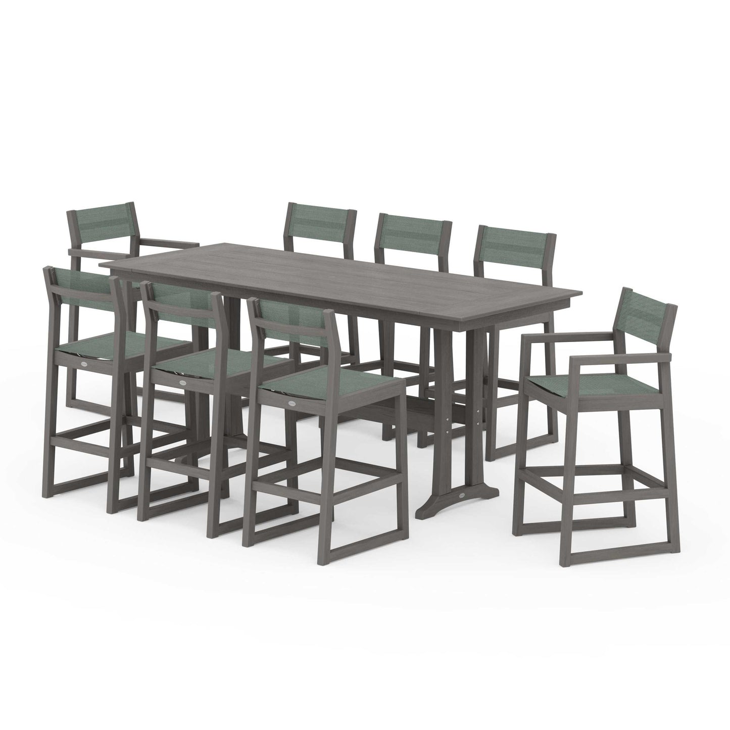 POLYWOOD EDGE Sling 9-Piece Farmhouse Bar Set with Trestle Legs — Driftwood / Dupioni Sea Mist Sling
