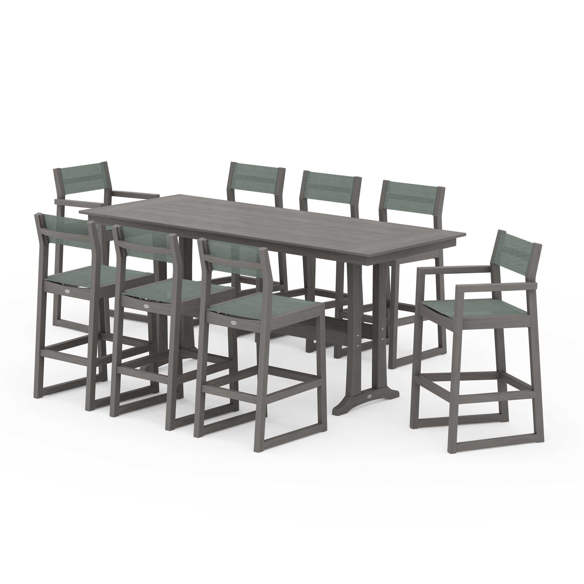 POLYWOOD EDGE Sling 9-Piece Farmhouse Bar Set with Trestle Legs — Driftwood / Dupioni Sea Mist Sling
