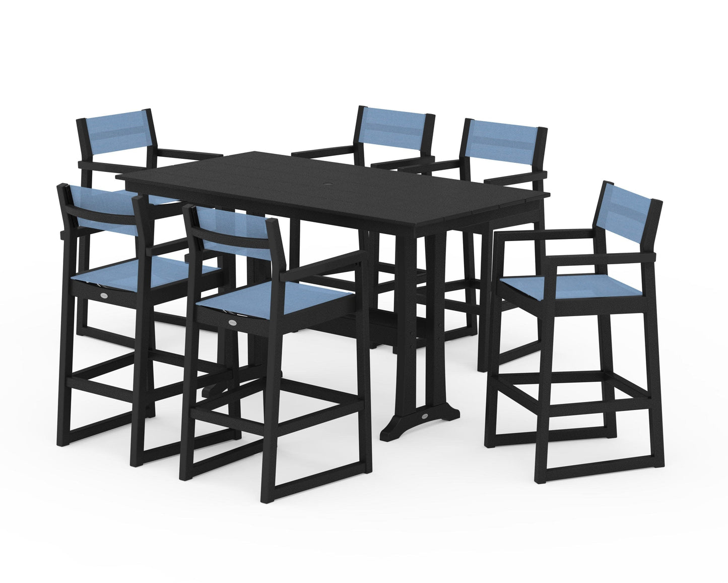 POLYWOOD EDGE Sling Arm Chair 7-Piece Farmhouse Bar Set with Trestle Legs — Black / Poolside Sling