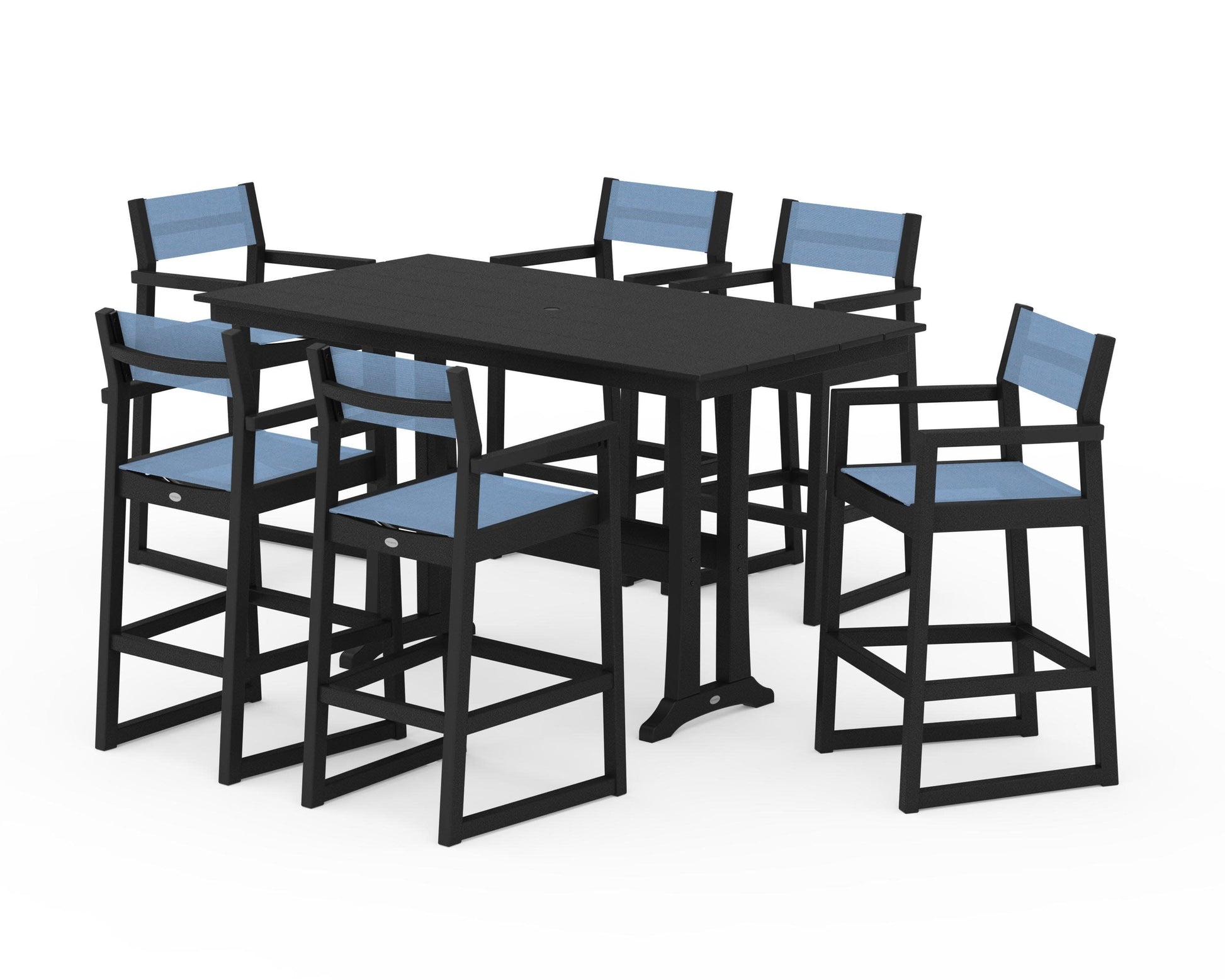 POLYWOOD EDGE Sling Arm Chair 7-Piece Farmhouse Bar Set with Trestle Legs — Black / Poolside Sling