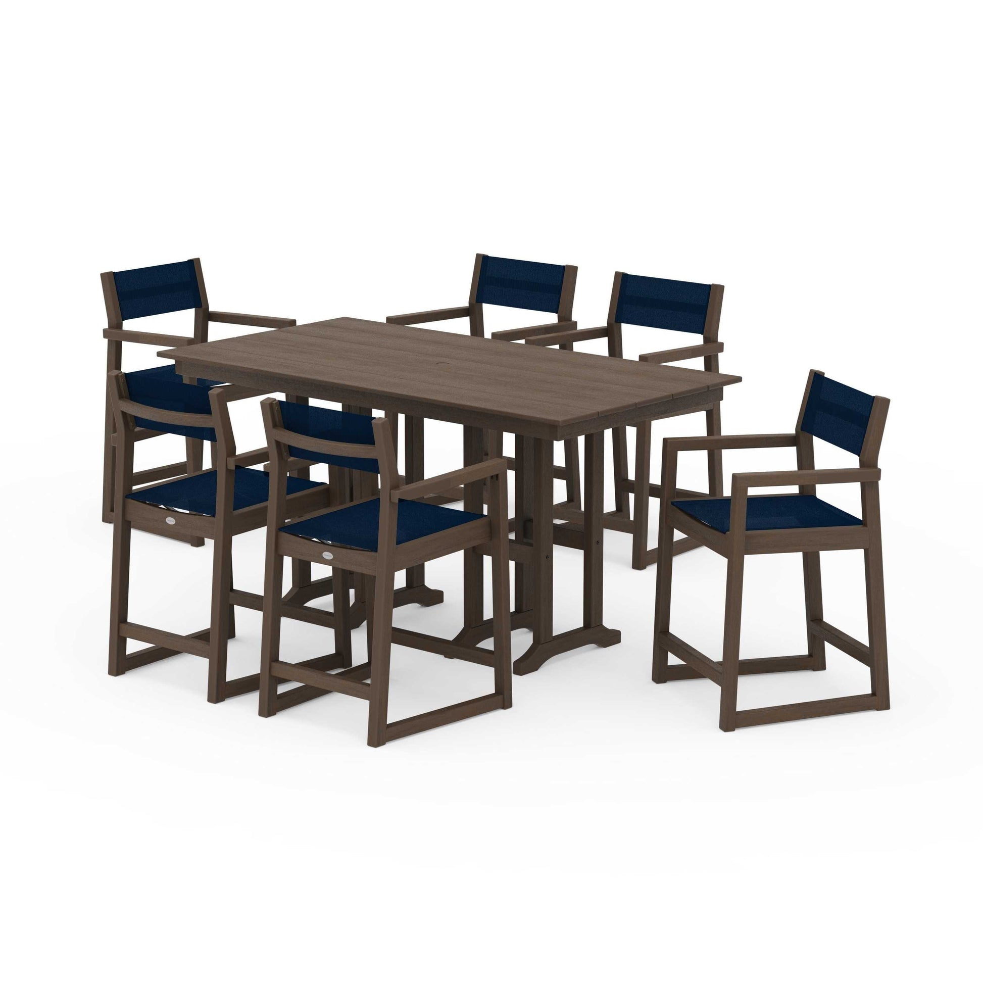 POLYWOOD EDGE Sling Arm Chair 7-Piece Farmhouse Counter Set — Kona / Navy Blue Sling
