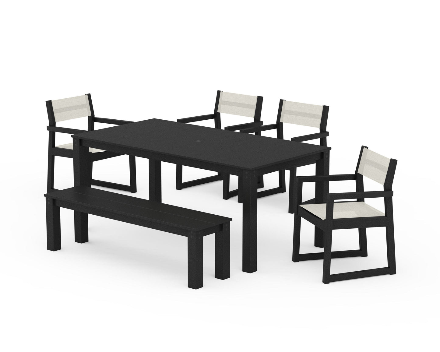 POLYWOOD EDGE Sling Arm Chair 6-Piece Parsons Dining Set with Bench — Black / Parchment Sling