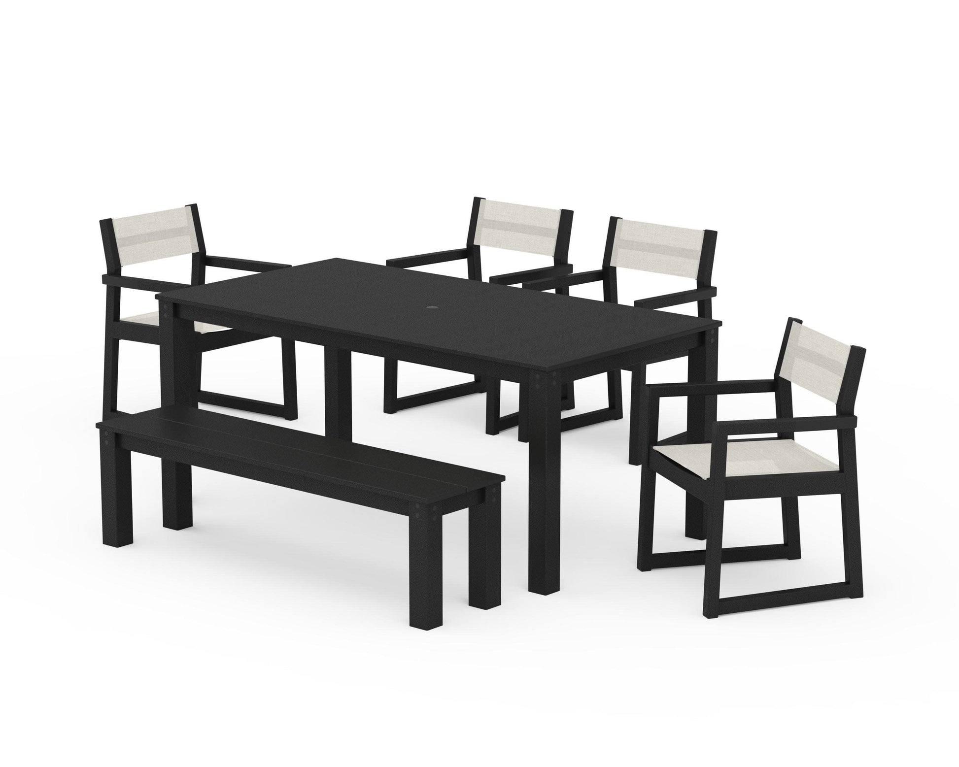 POLYWOOD EDGE Sling Arm Chair 6-Piece Parsons Dining Set with Bench — Black / Parchment Sling