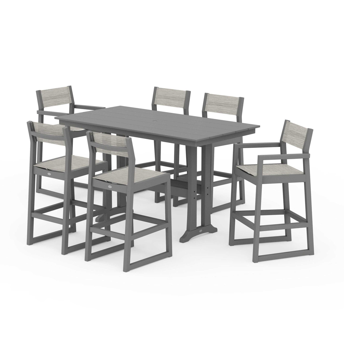 POLYWOOD EDGE Sling 7-Piece Farmhouse Bar Set with Trestle Legs — Slate Grey / Birch Sling