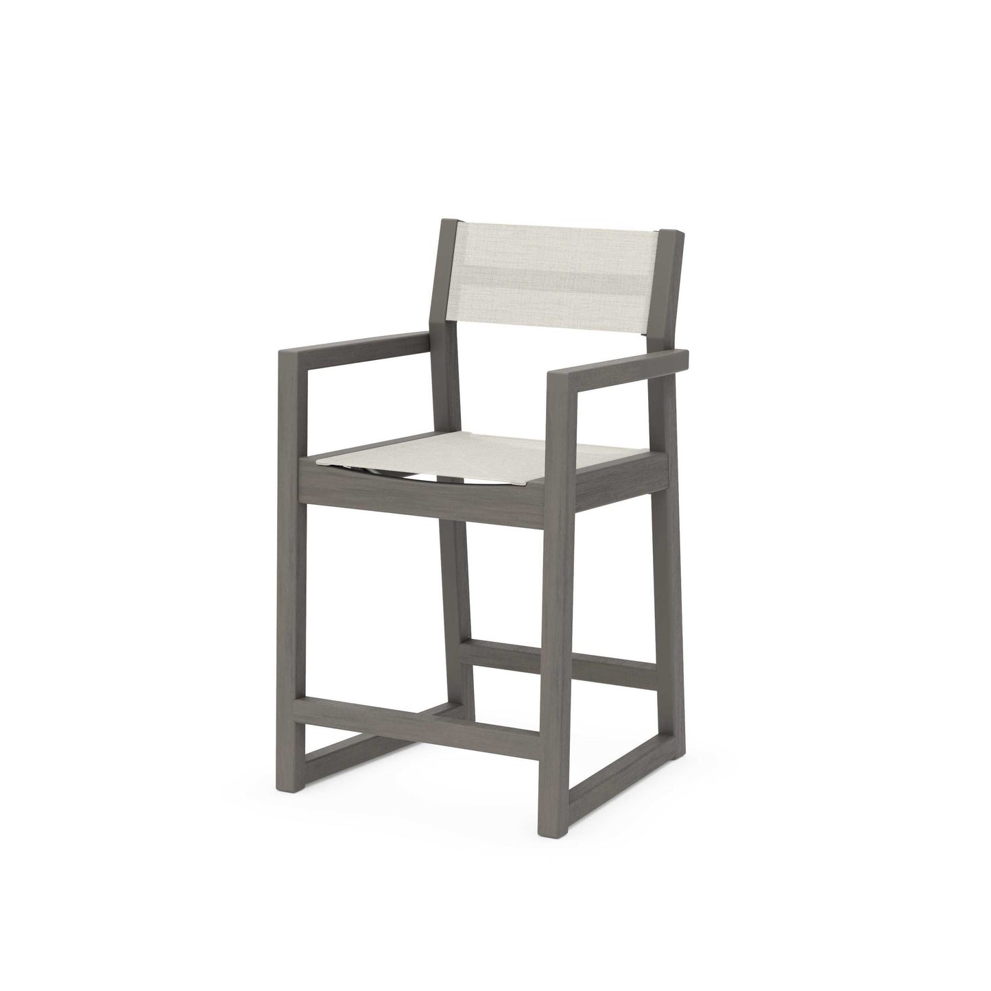 POLYWOOD EDGE Sling Counter Arm Chair — Driftwood / Parchment Sling