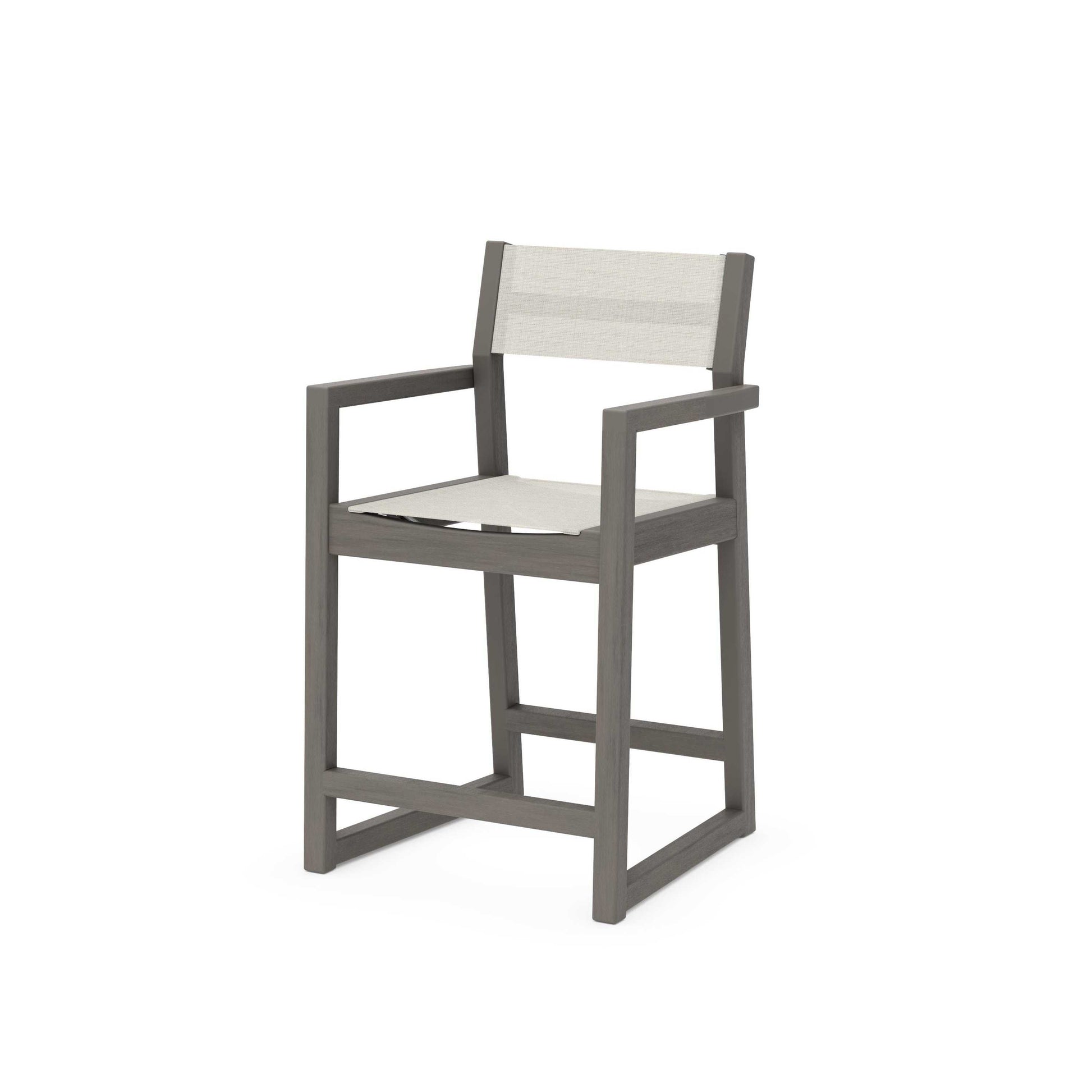 POLYWOOD EDGE Sling Counter Arm Chair — Driftwood / Parchment Sling