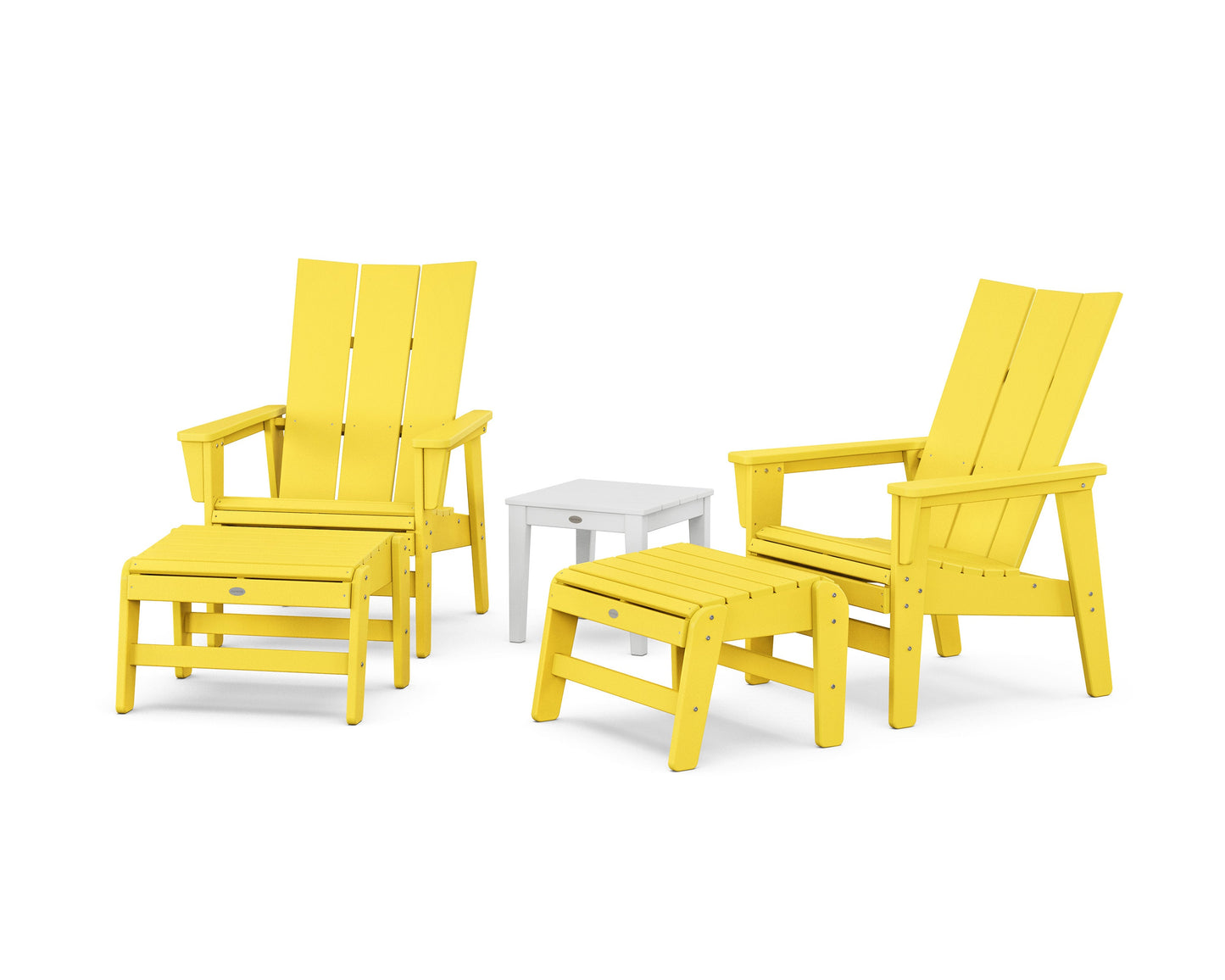 POLYWOOD 5-Piece Modern Grand Upright Adirondack Set with Ottomans and Side Table — Lemon / White