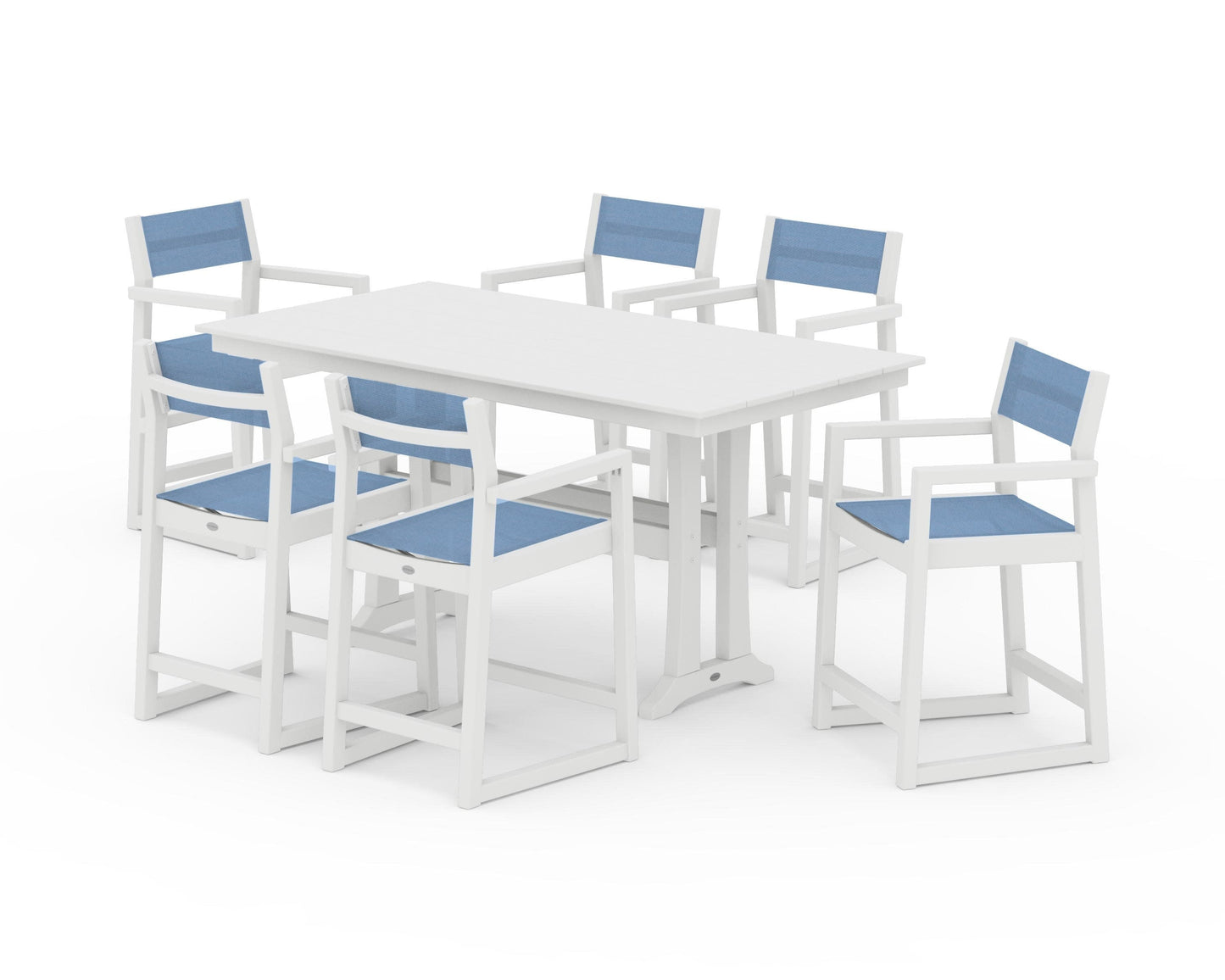 POLYWOOD EDGE Sling Arm Chair 7-Piece Farmhouse Counter Set with Trestle Legs — White / Poolside Sling