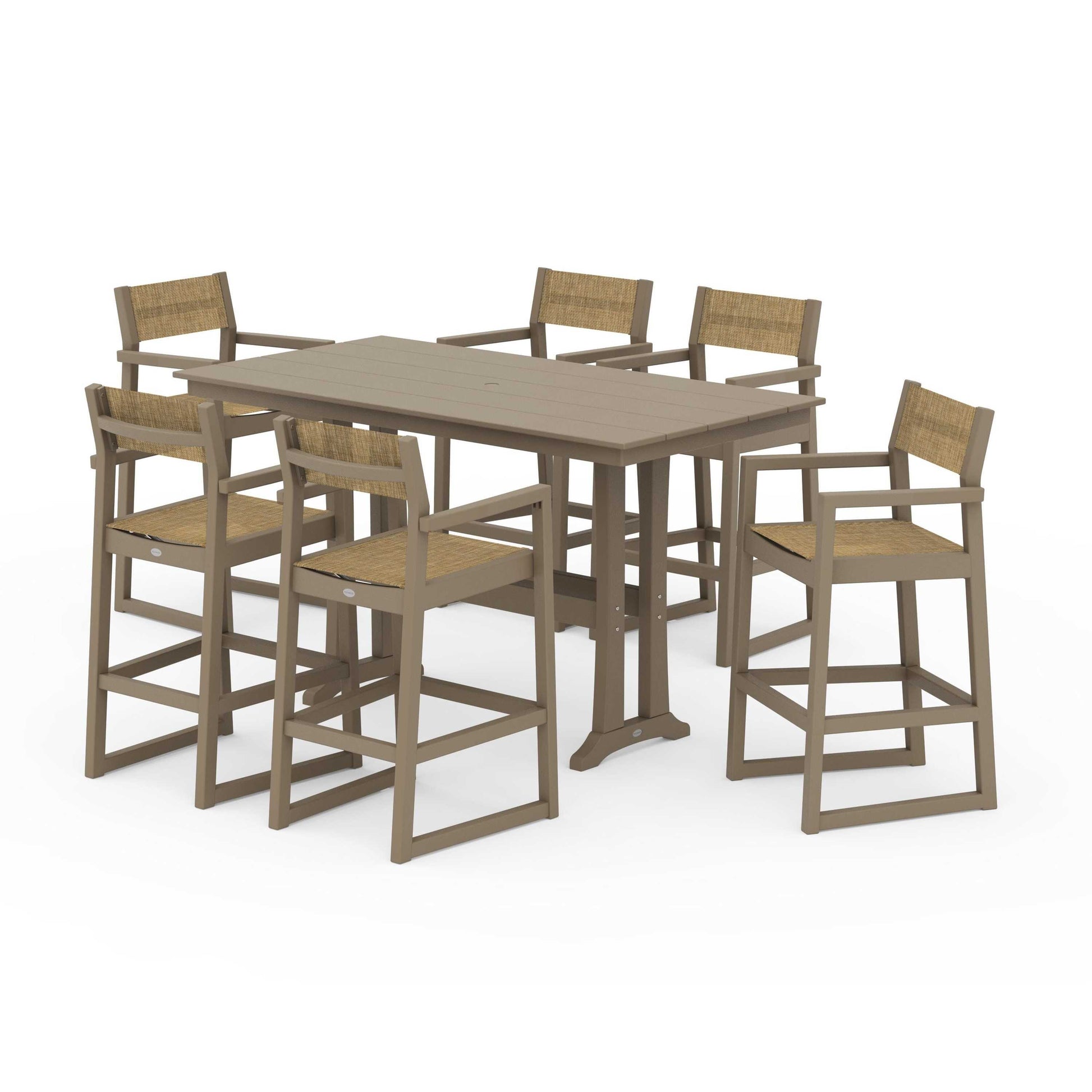 POLYWOOD EDGE Sling Arm Chair 7-Piece Farmhouse Bar Set with Trestle Legs — Vintage Sahara / Burlap Sling