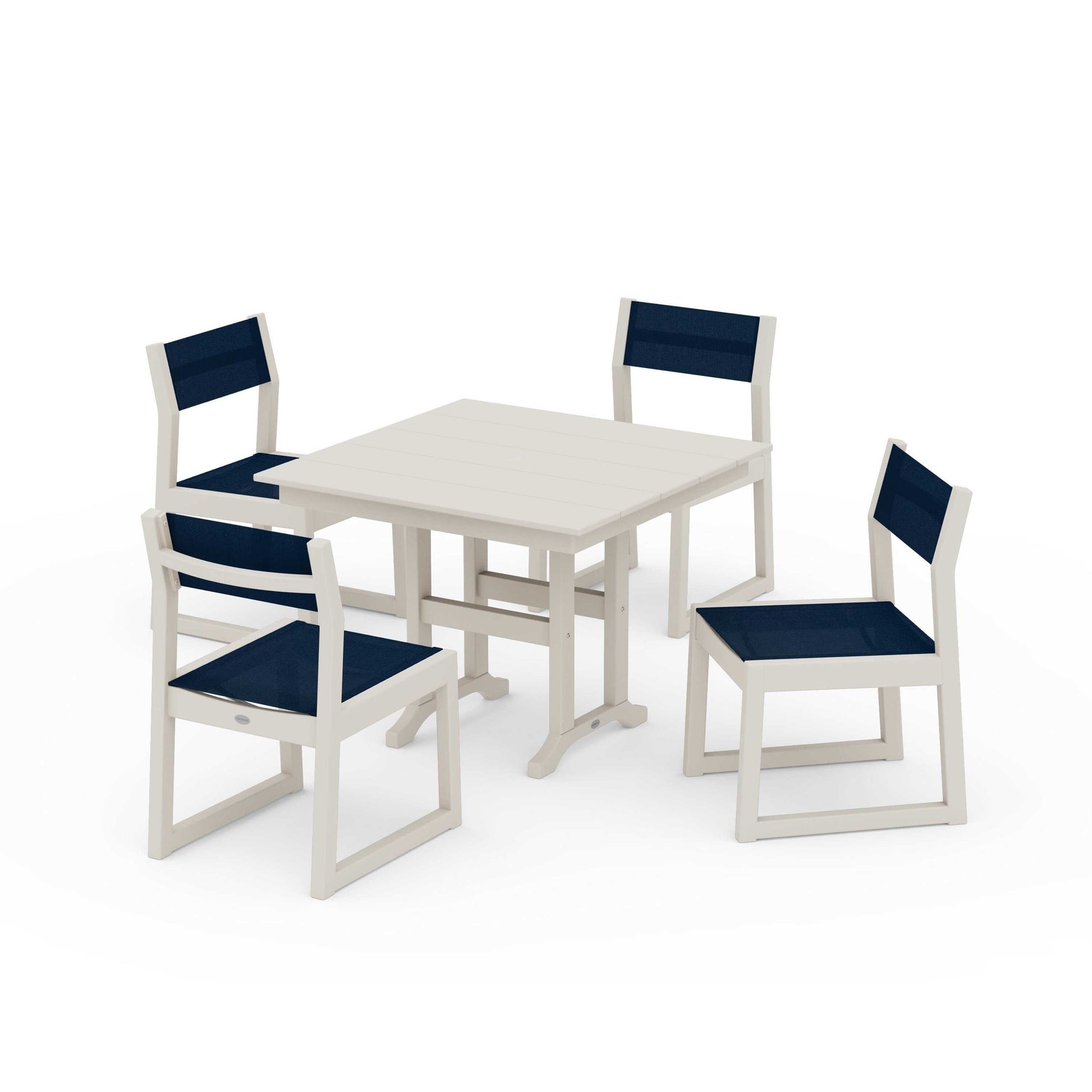 POLYWOOD EDGE Sling Side Chair 5-Piece Farmhouse Dining Set — Sand / Navy Blue Sling