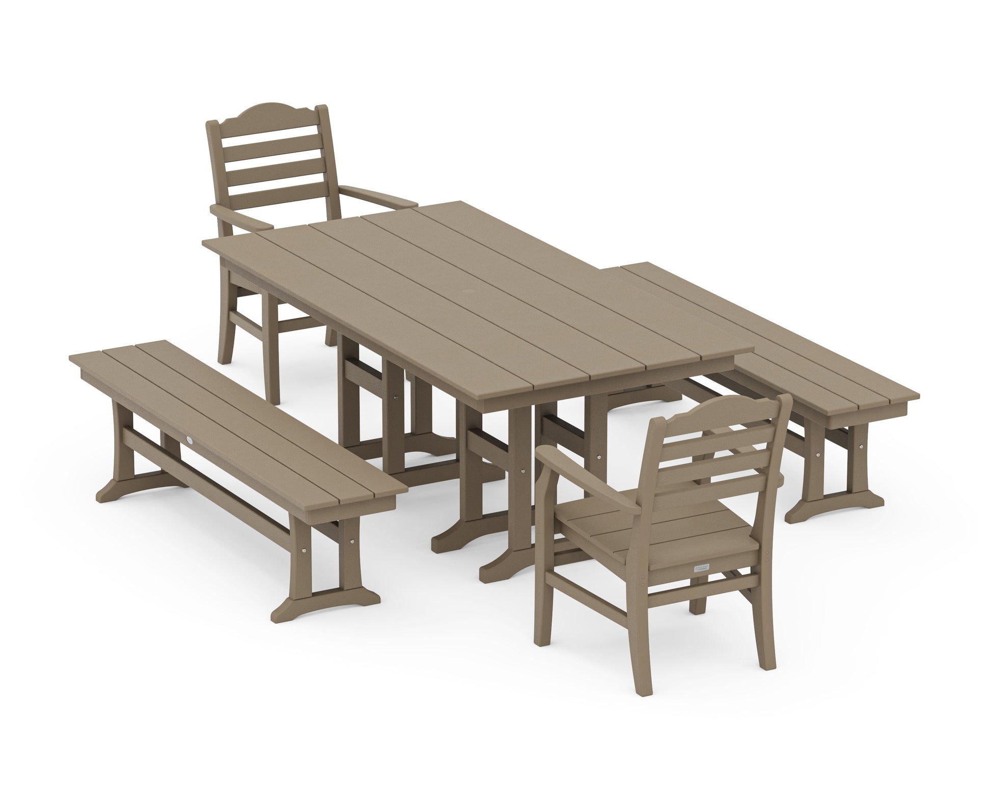 POLYWOOD Savannah 5-Piece Farmhouse Dining Set with Benches — Vintage Sahara