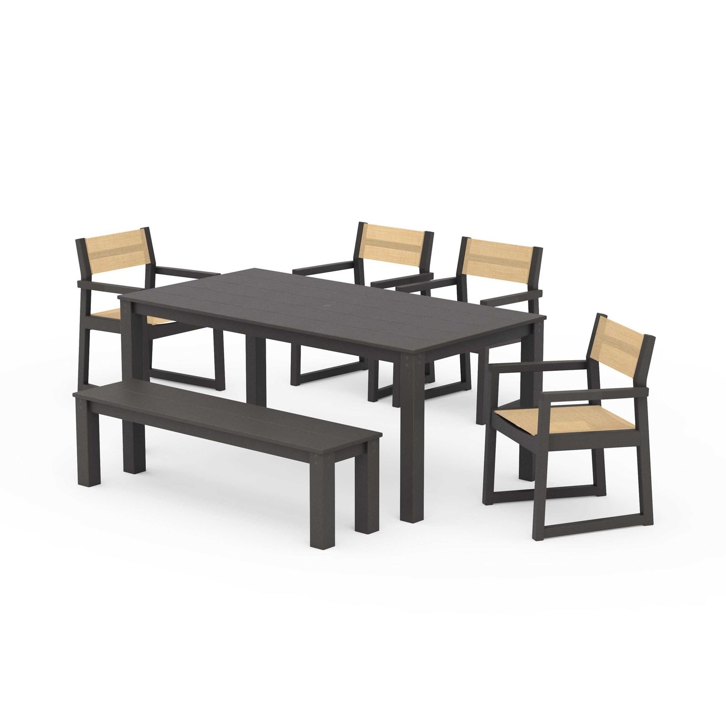 POLYWOOD EDGE Sling Arm Chair 6-Piece Parsons Dining Set with Bench — Vintage Coffee / Dupioni Apricot Sling