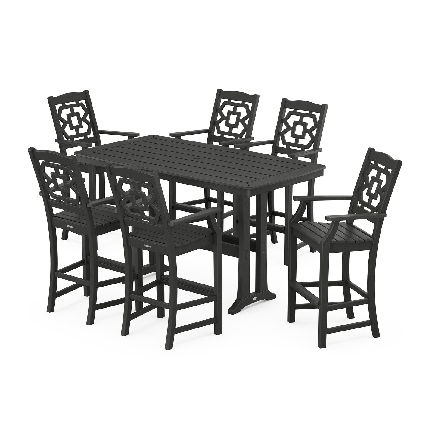 POLYWOOD Chinoiserie Arm Chair 7-Piece Bar Set with Trestle Legs — Black