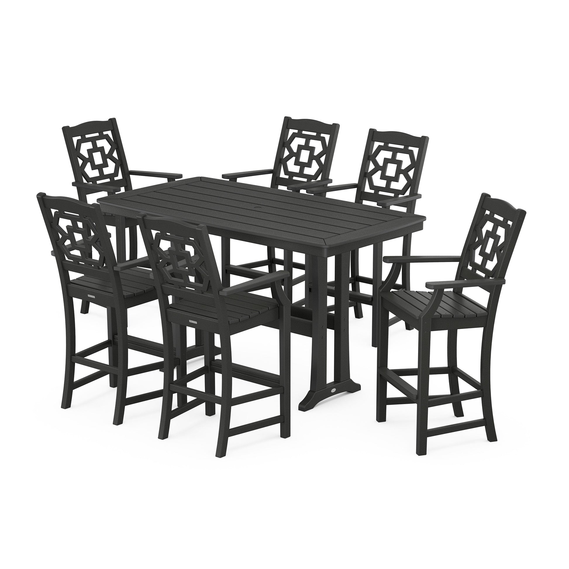 POLYWOOD Chinoiserie Arm Chair 7-Piece Bar Set with Trestle Legs — Black