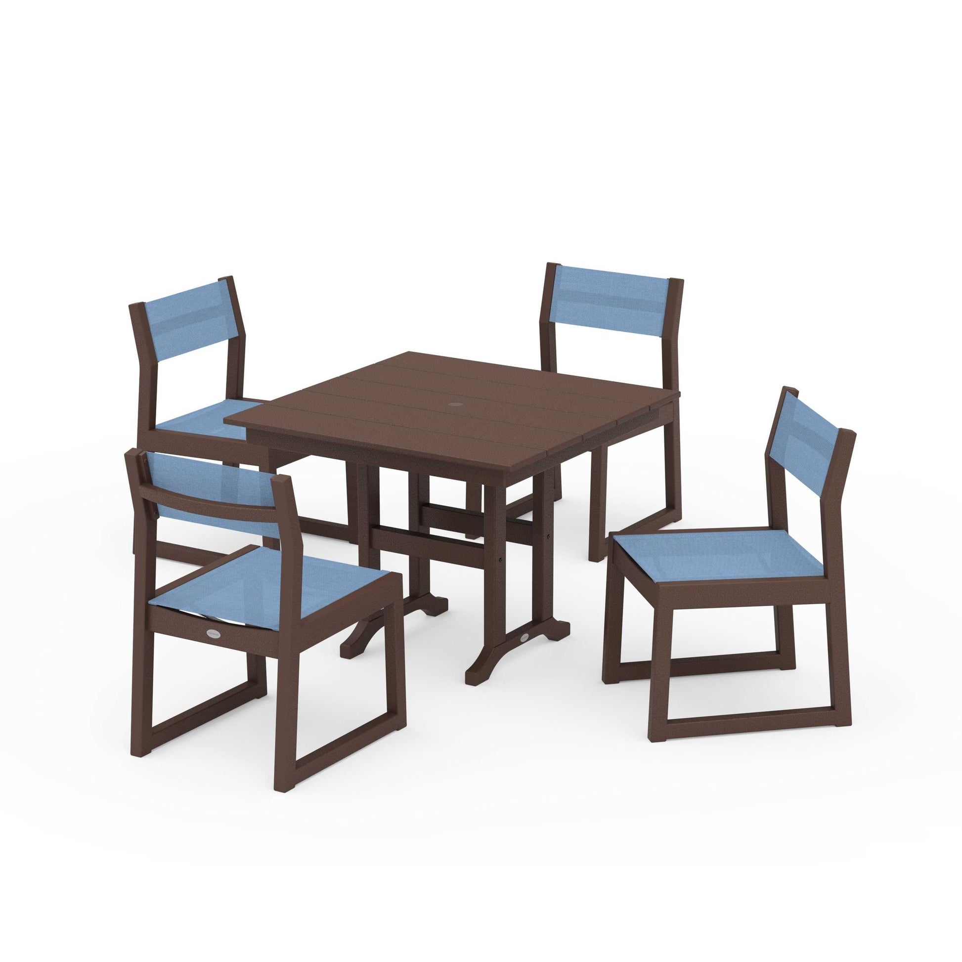 POLYWOOD EDGE Sling Side Chair 5-Piece Farmhouse Dining Set — Mahogany / Poolside Sling
