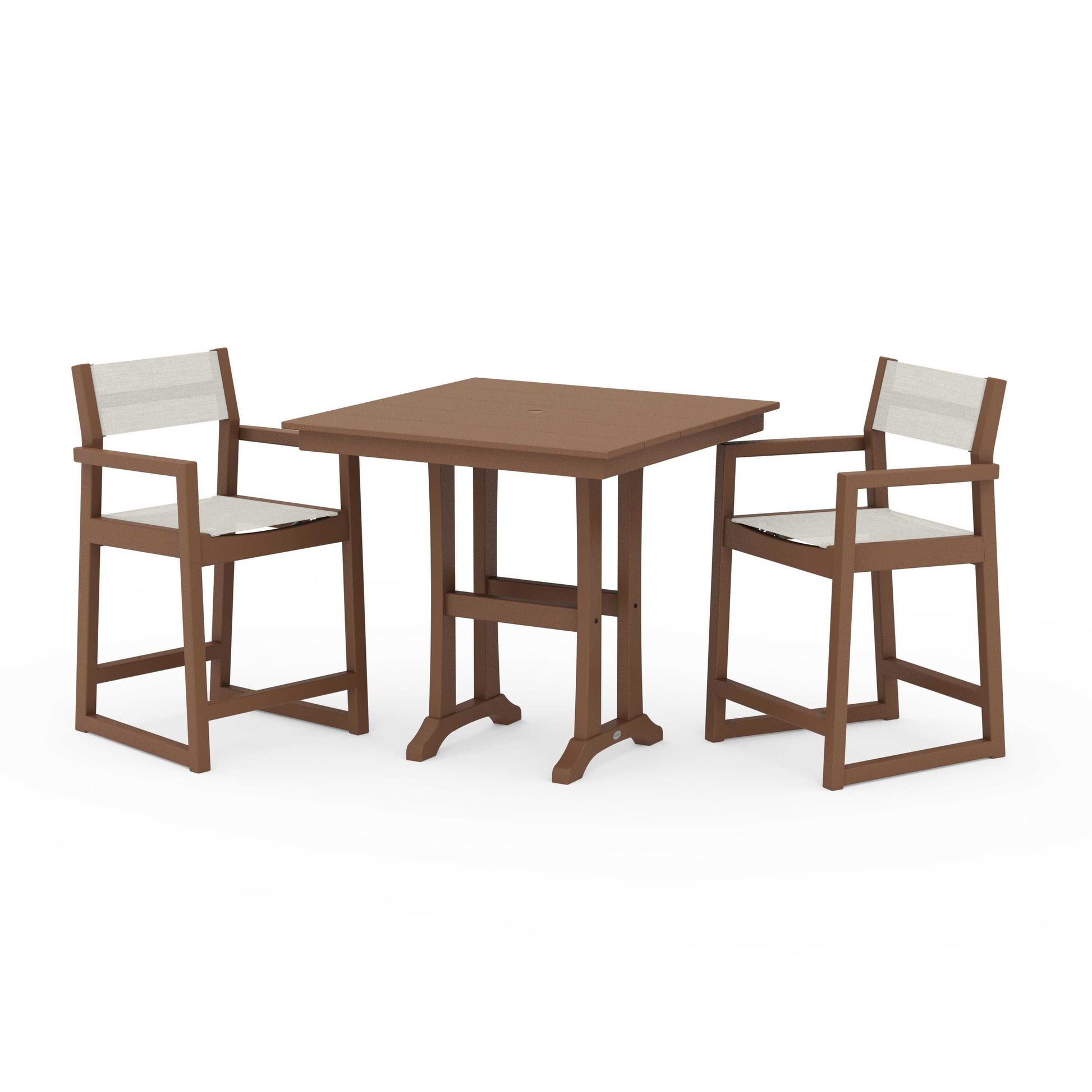 POLYWOOD EDGE Sling Arm Chair 3-Piece Farmhouse Counter Set with Trestle Legs — Teak / Parchment Sling