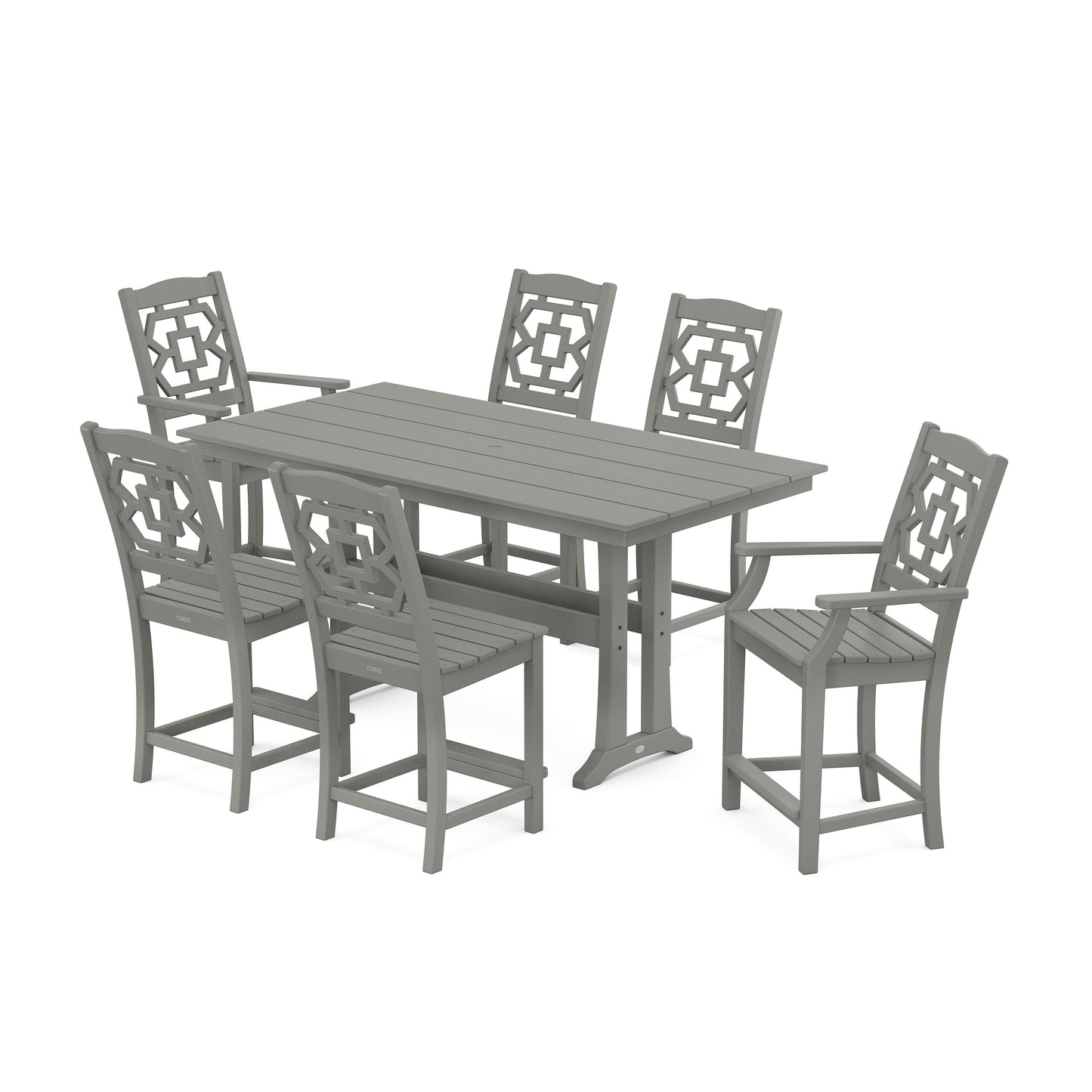 POLYWOOD Chinoiserie 7-Piece Farmhouse Counter Set with Trestle Legs — Slate Grey