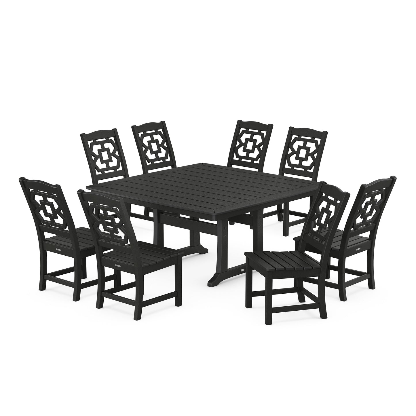 POLYWOOD Chinoiserie 9-Piece Square Side Chair Dining Set with Trestle Legs — Black