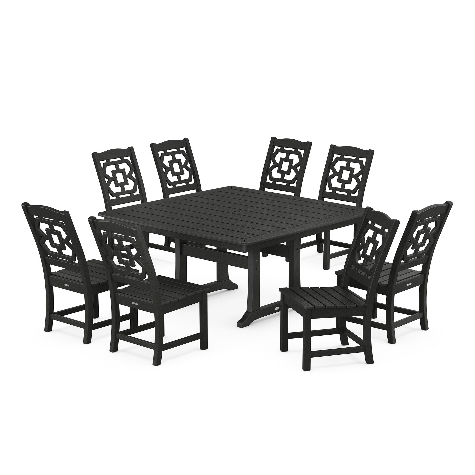 POLYWOOD Chinoiserie 9-Piece Square Side Chair Dining Set with Trestle Legs — Black