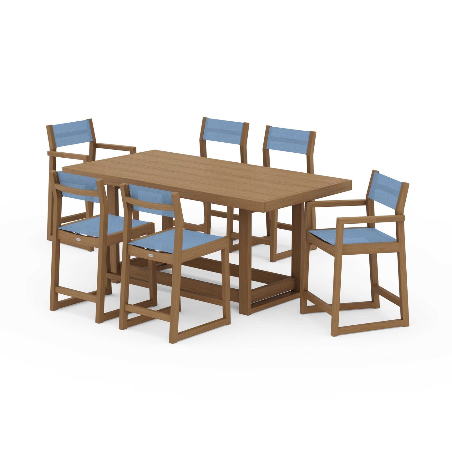 POLYWOOD EDGE Sling 7-Piece Counter Table Set — Natural / Poolside Sling