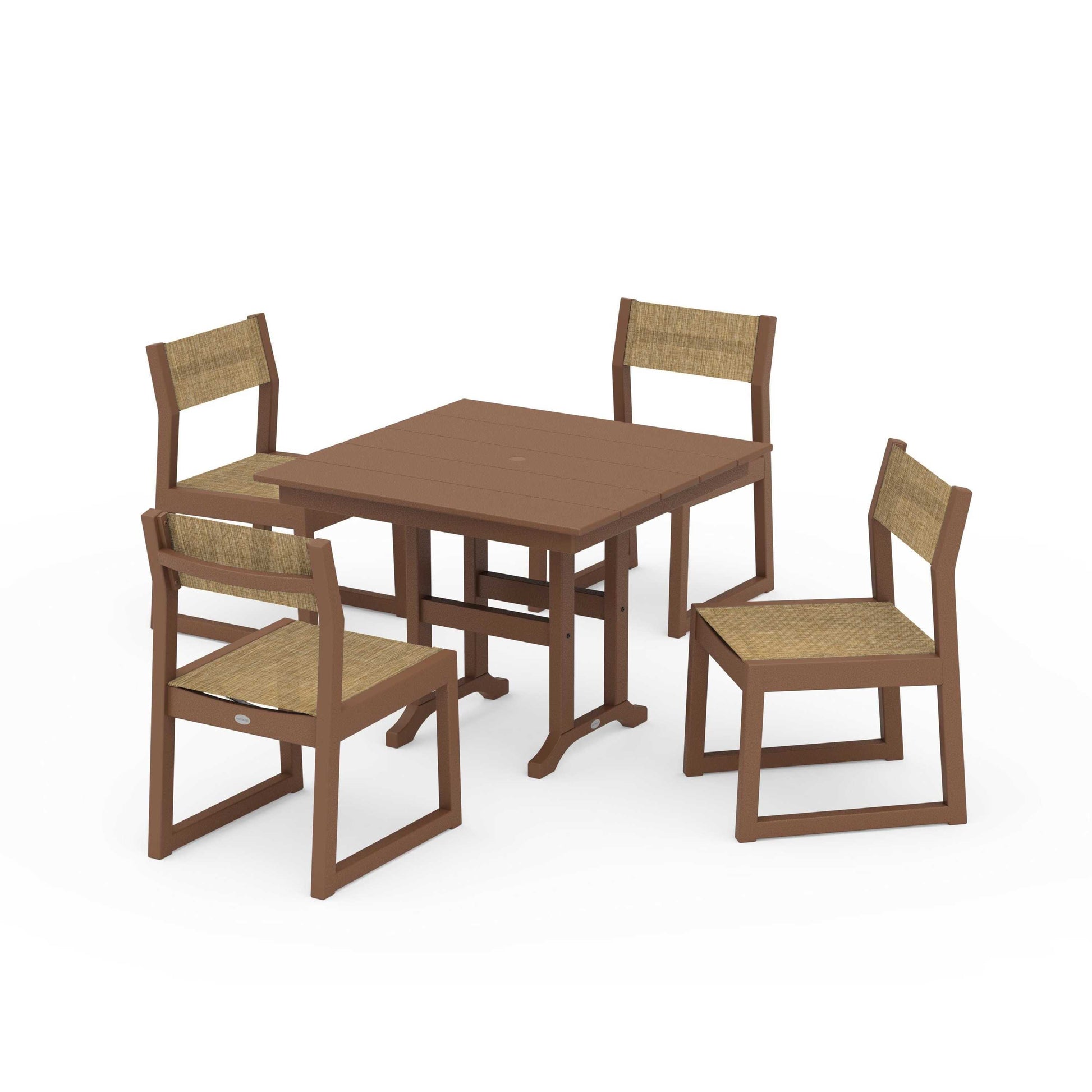 POLYWOOD EDGE Sling Side Chair 5-Piece Farmhouse Dining Set — Teak / Burlap Sling