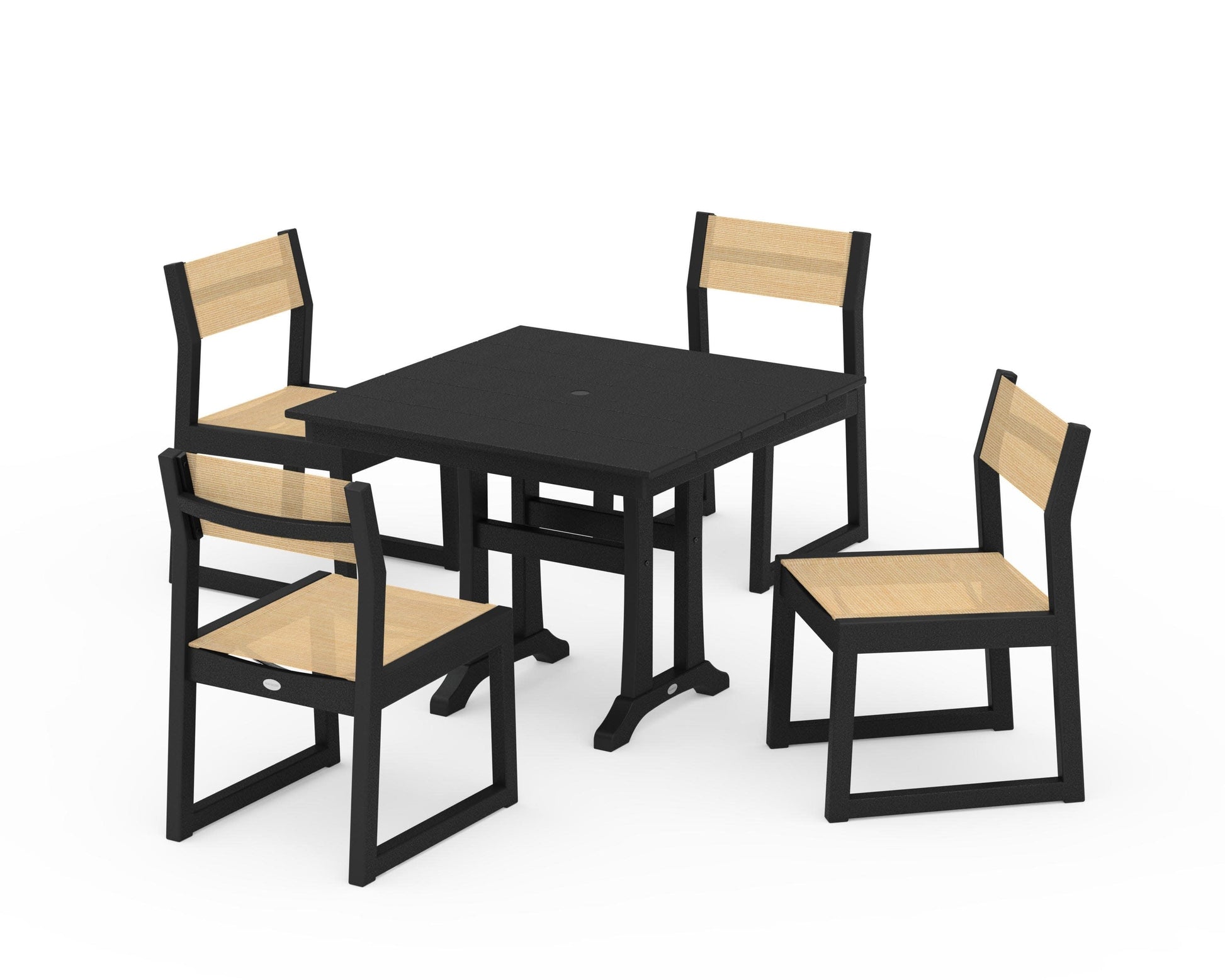 POLYWOOD EDGE Sling 5-Piece Farmhouse Trestle Side Chair Dining Set — Black / Dupioni Apricot Sling