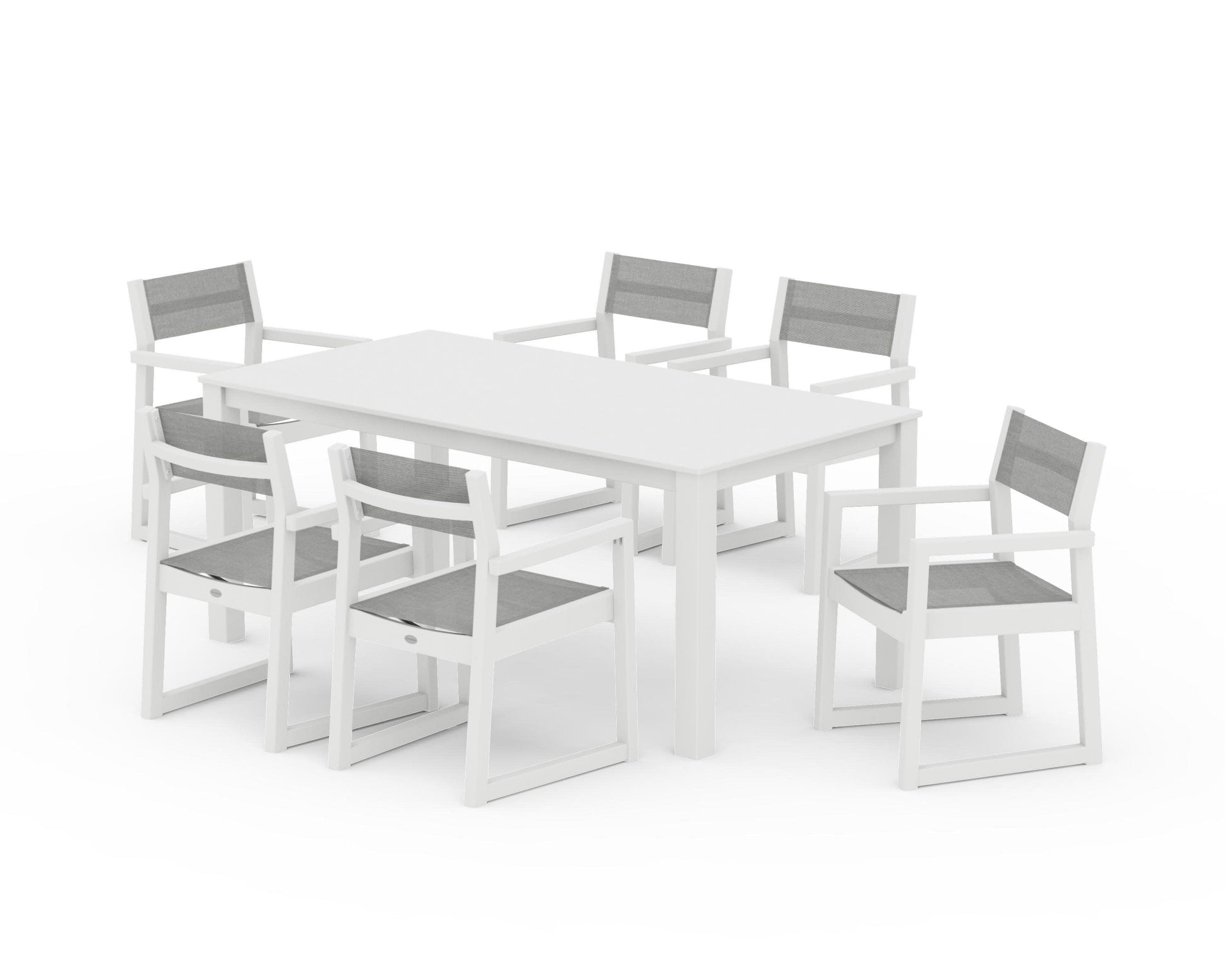 POLYWOOD EDGE Sling Arm Chair 7-Piece Parsons Dining Set — White / Metallic Sling