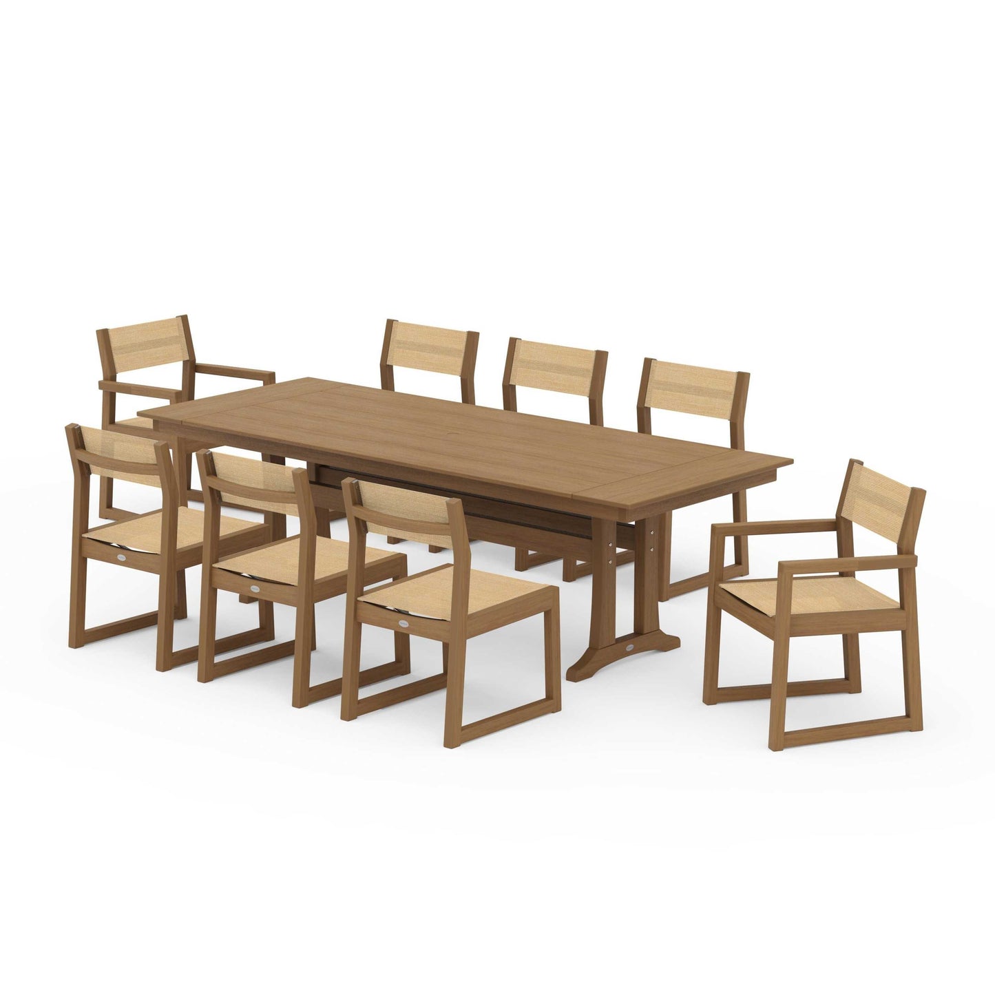 POLYWOOD EDGE Sling 9-Piece Farmhouse Trestle Dining Set — Natural / Dupioni Apricot Sling