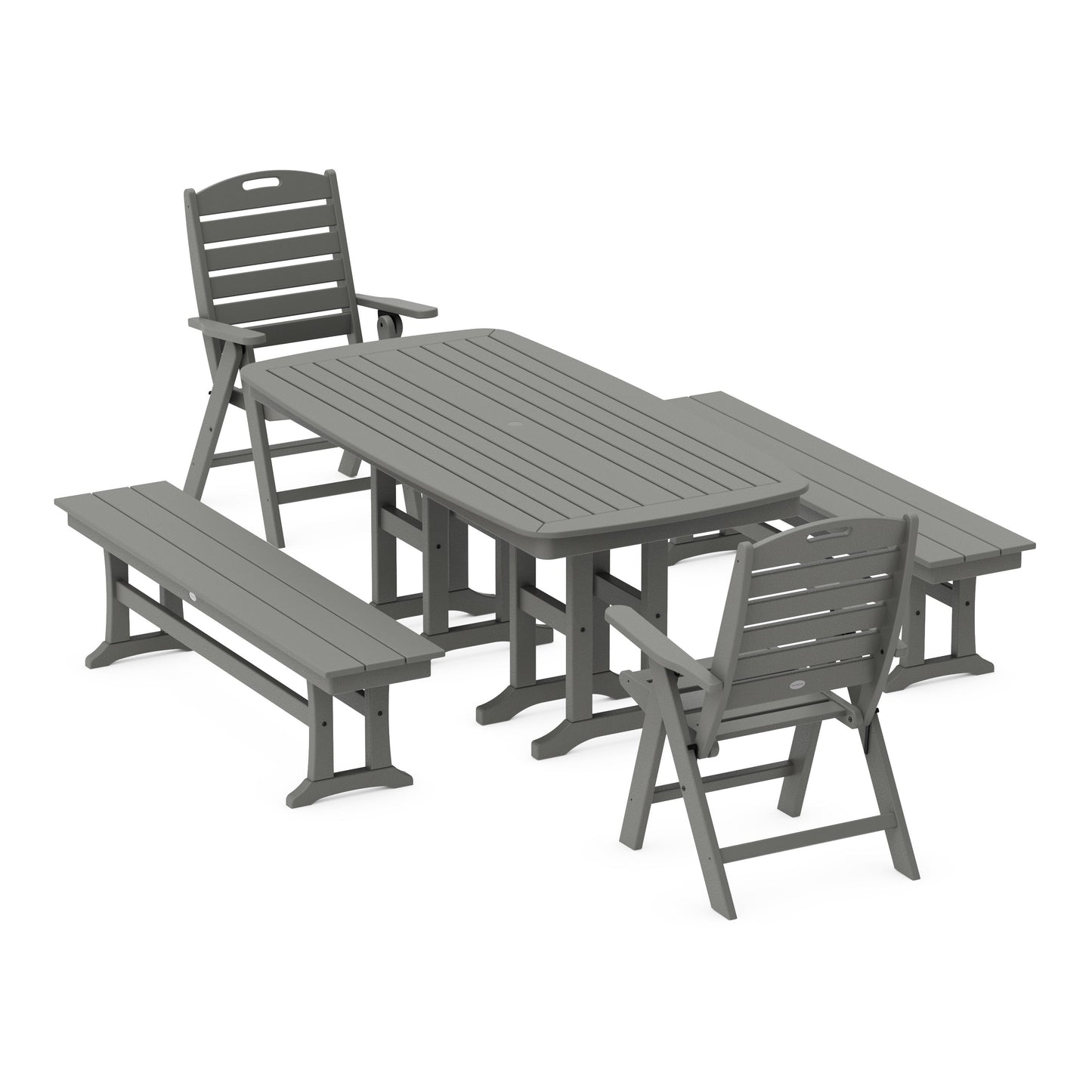 POLYWOOD Nautical Highback 5-Piece Dining Set with Benches — Slate Grey