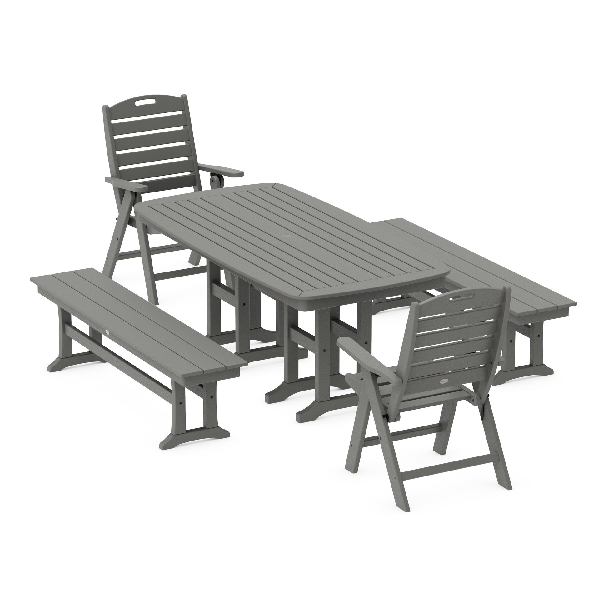 POLYWOOD Nautical Highback 5-Piece Dining Set with Benches — Slate Grey