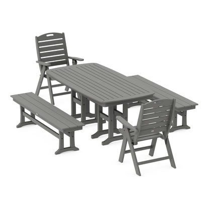 POLYWOOD Nautical Highback 5-Piece Dining Set with Benches — Slate Grey