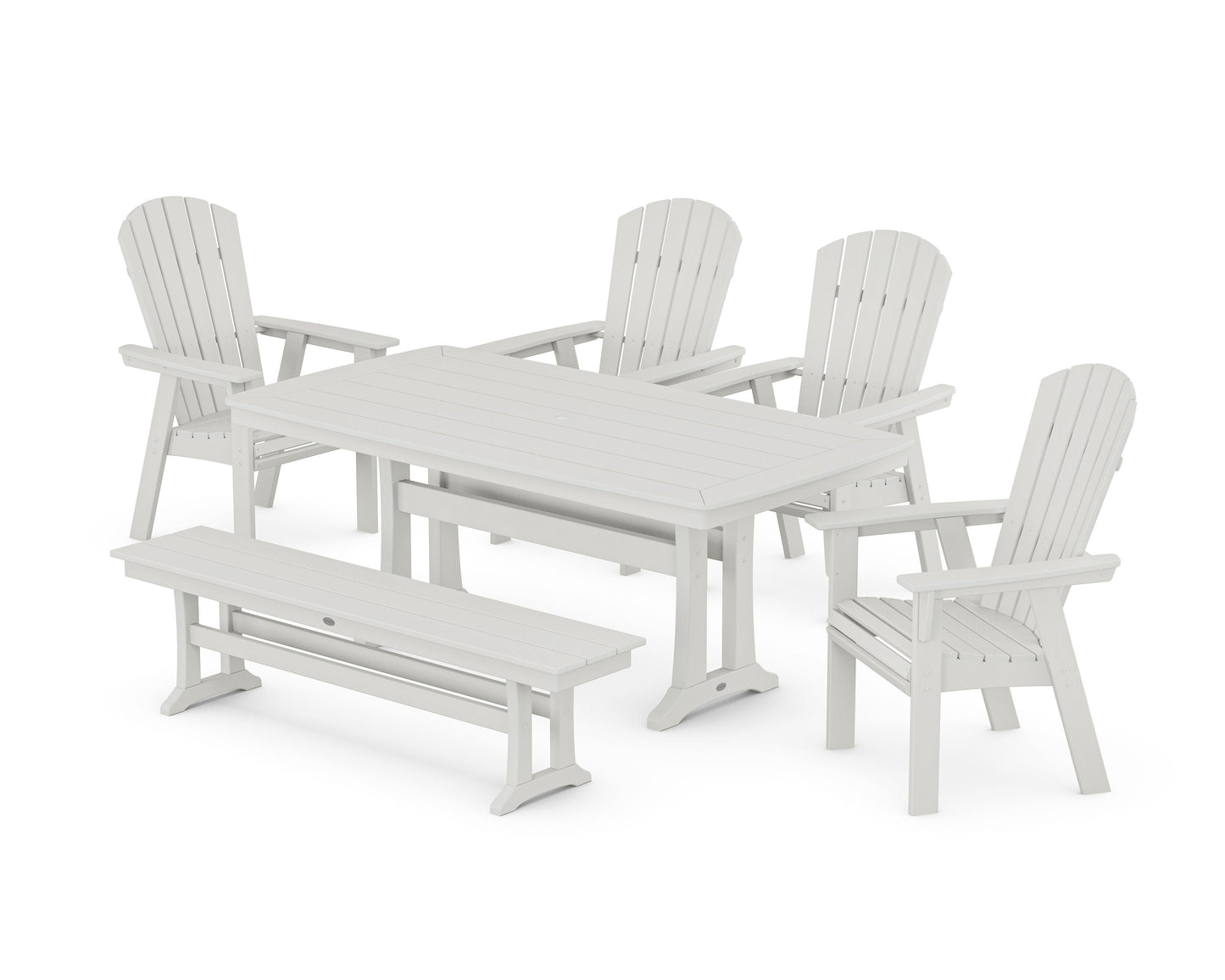 POLYWOOD Nautical Curveback Adirondack 6-Piece Dining Set with Trestle Legs and Bench — Vintage White