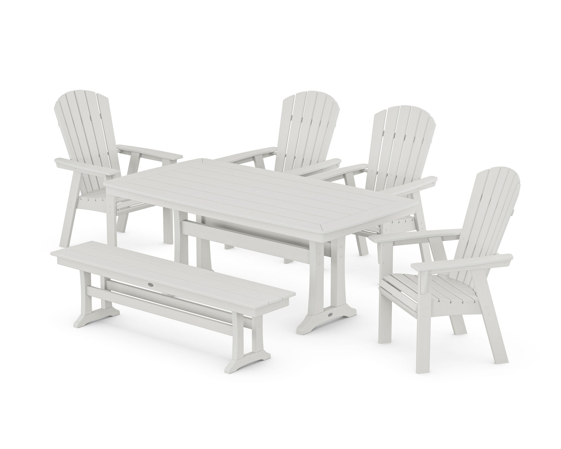 POLYWOOD Nautical Curveback Adirondack 6-Piece Dining Set with Trestle Legs and Bench — Vintage White