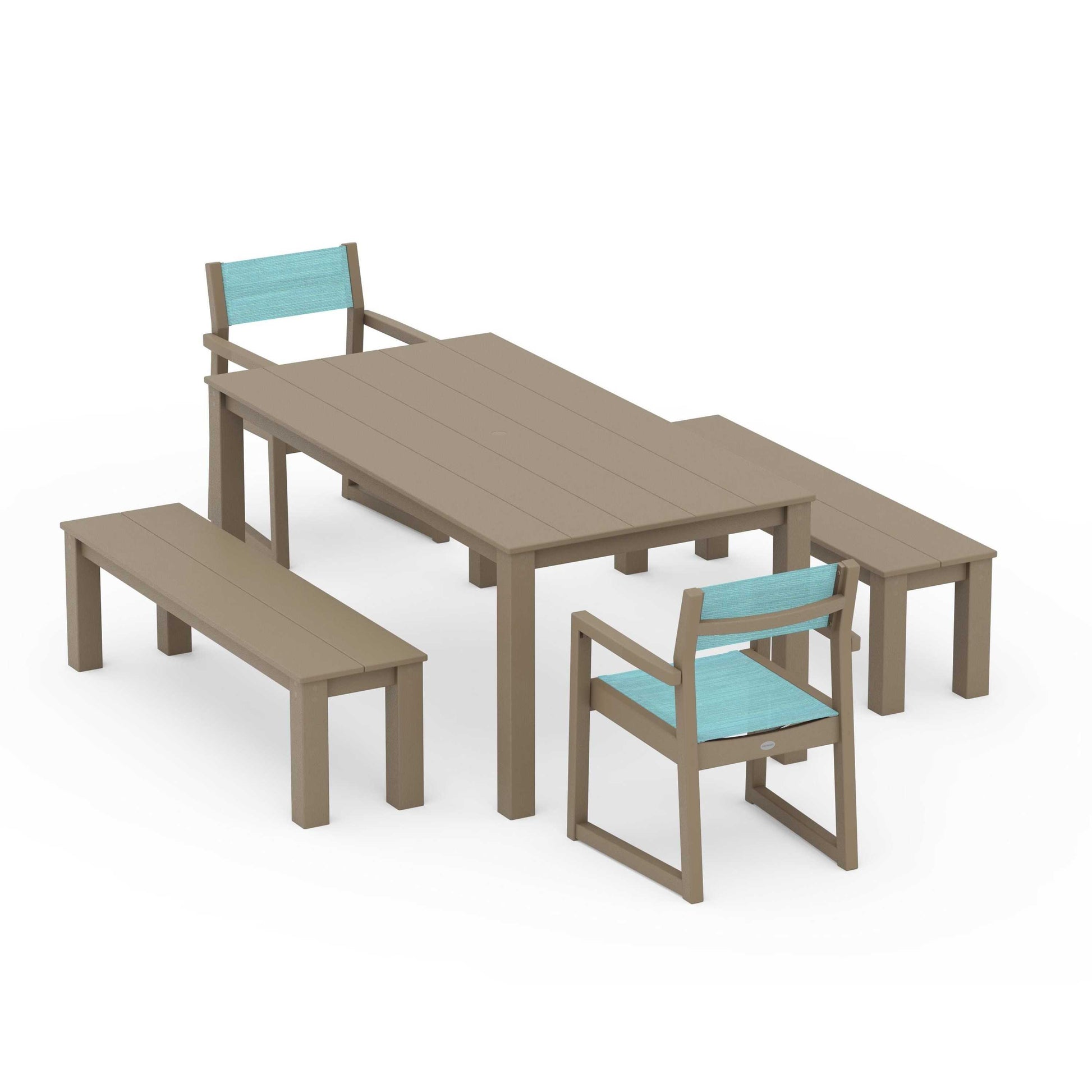 POLYWOOD EDGE Sling Arm Chair 5-Piece Parsons Dining Set with Benches — Vintage Sahara / Dupioni Aquamarine Sling