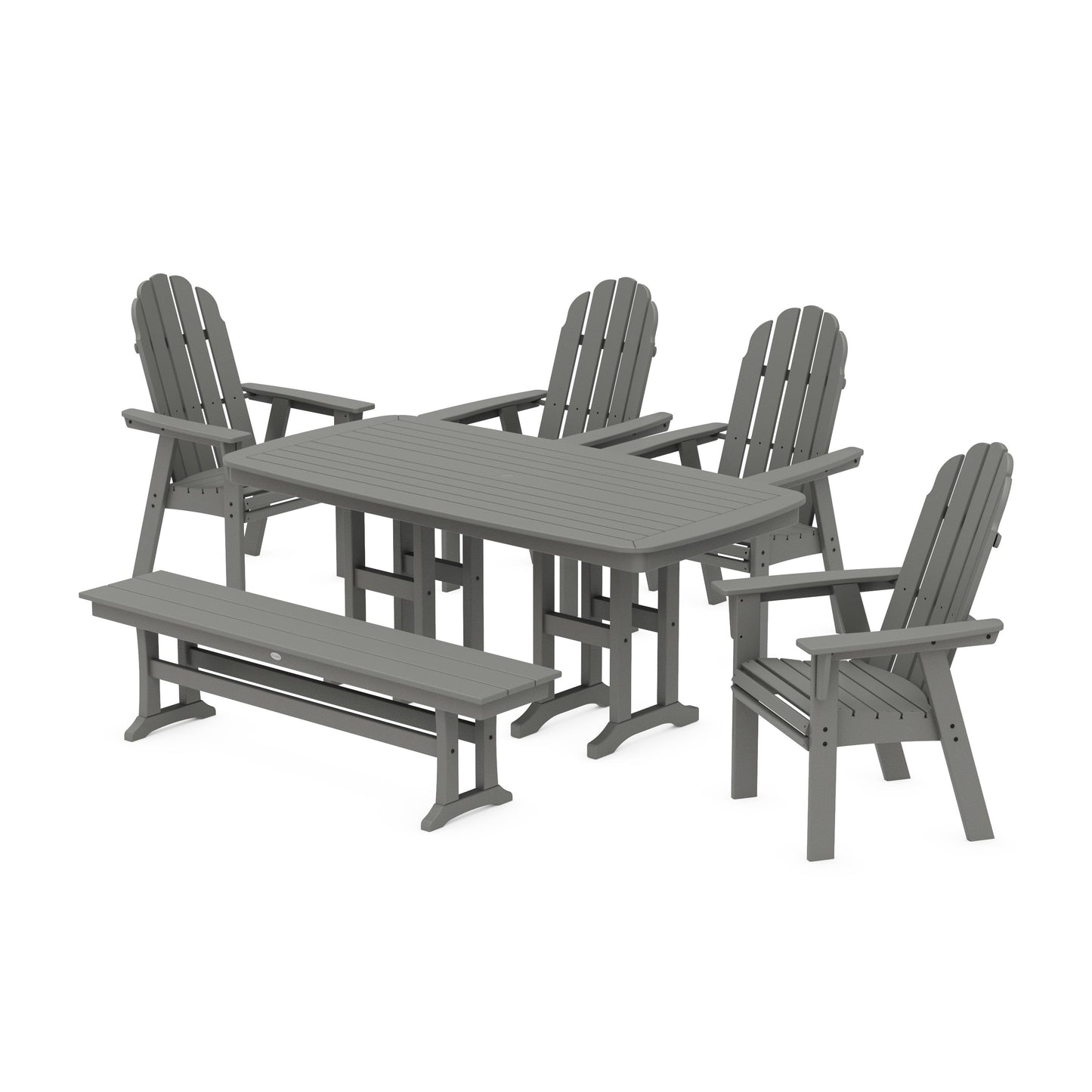 POLYWOOD Vineyard Curveback Adirondack Chair 6-Piece Dining Set with Bench — Slate Grey