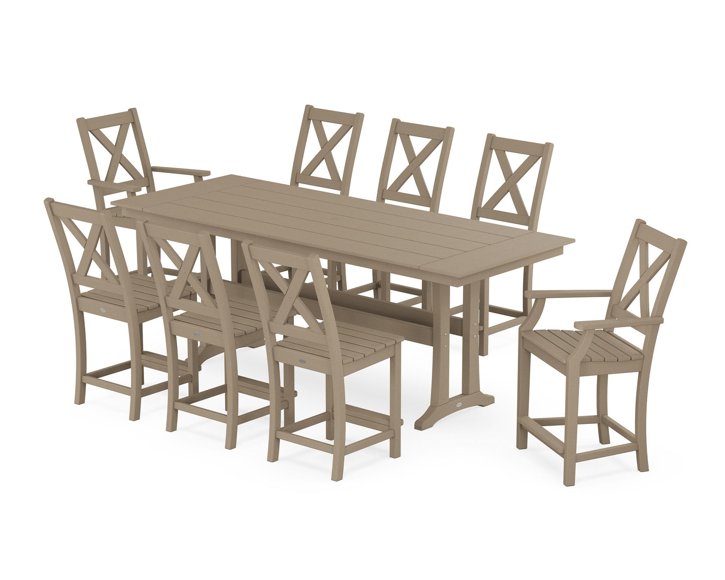 POLYWOOD Braxton 9-Piece Farmhouse Counter Set with Trestle Legs — Vintage Sahara
