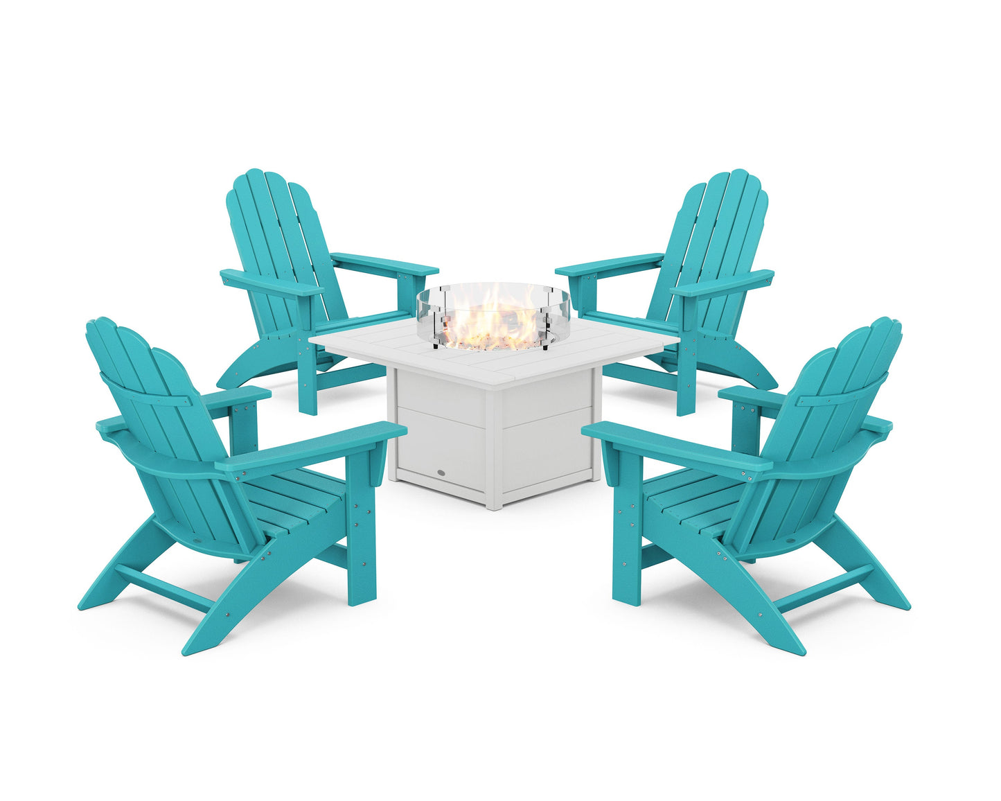 POLYWOOD 5-Piece Vineyard Grand Adirondack Conversation Set with Fire Pit Table — Aruba / White