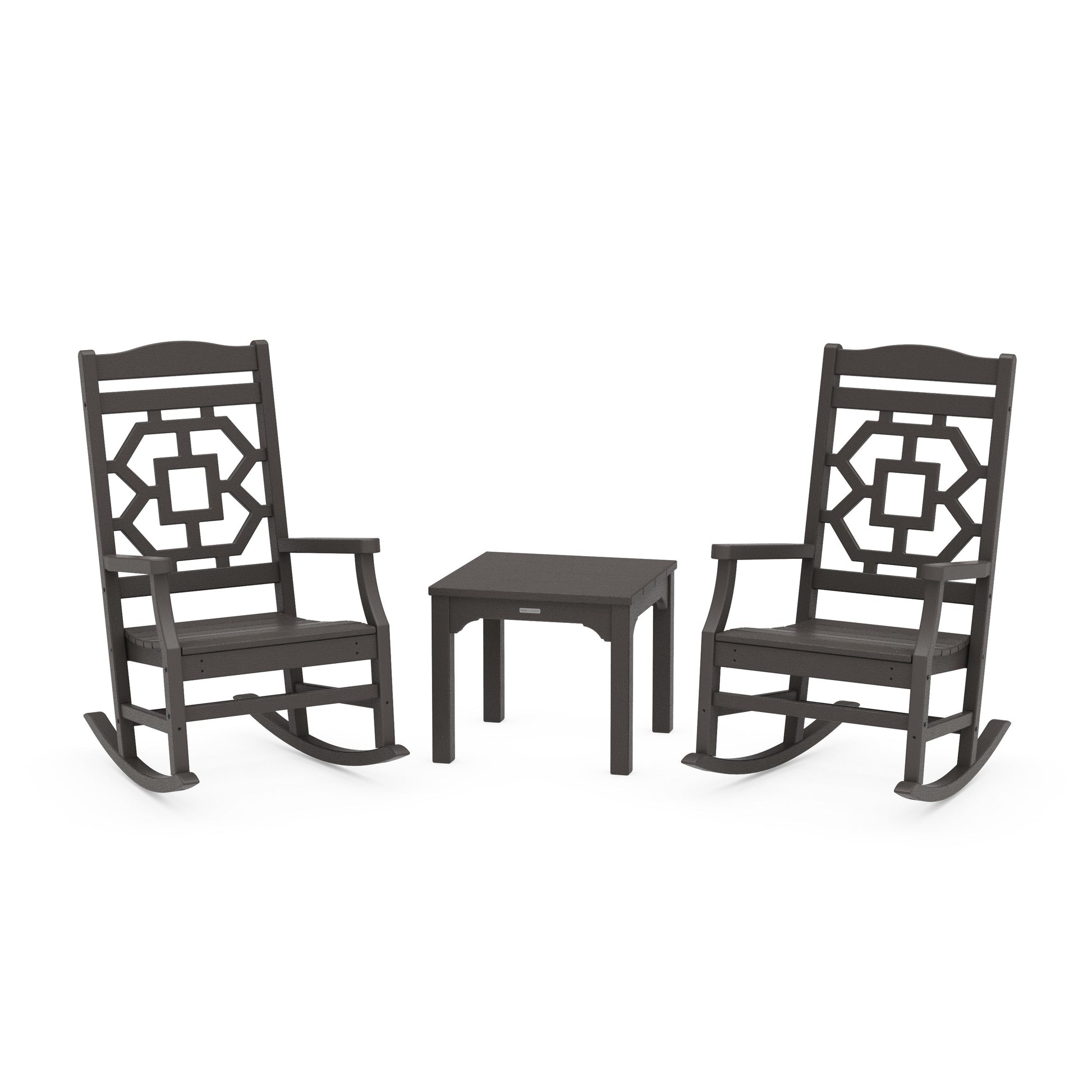 POLYWOOD Chinoiserie 3-Piece Rocking Chair Set — Vintage Coffee