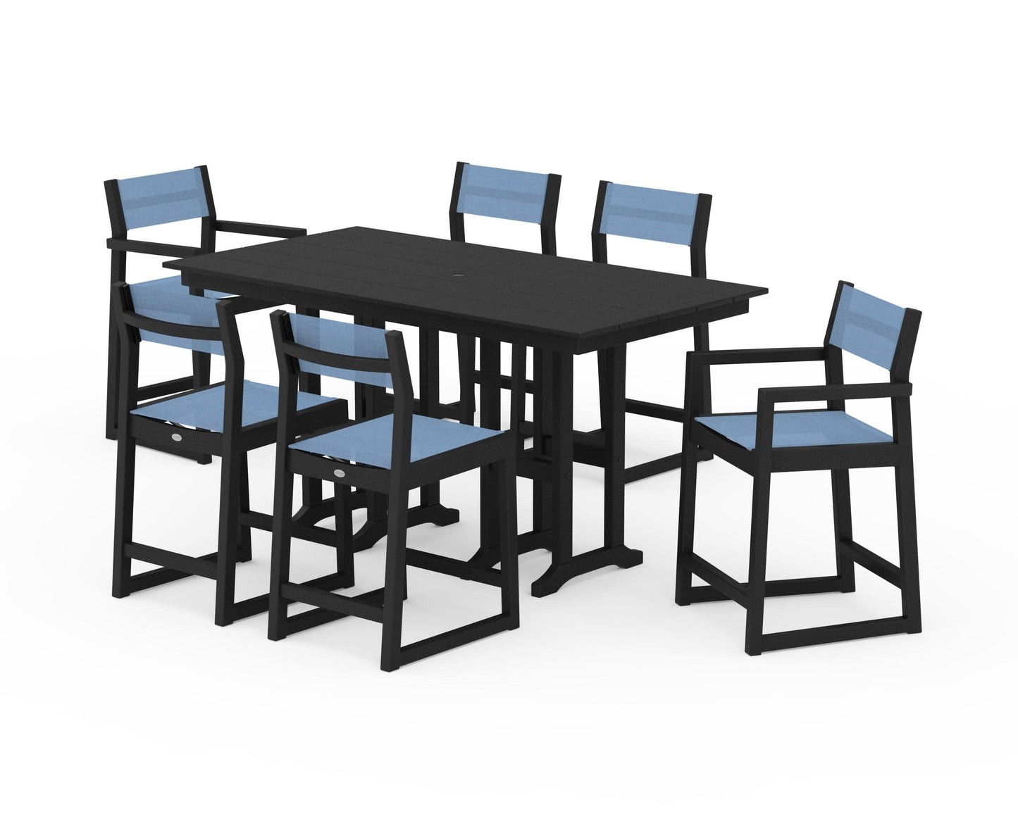 POLYWOOD EDGE Sling 7-Piece Farmhouse Counter Set with Trestle Legs — Black / Poolside Sling