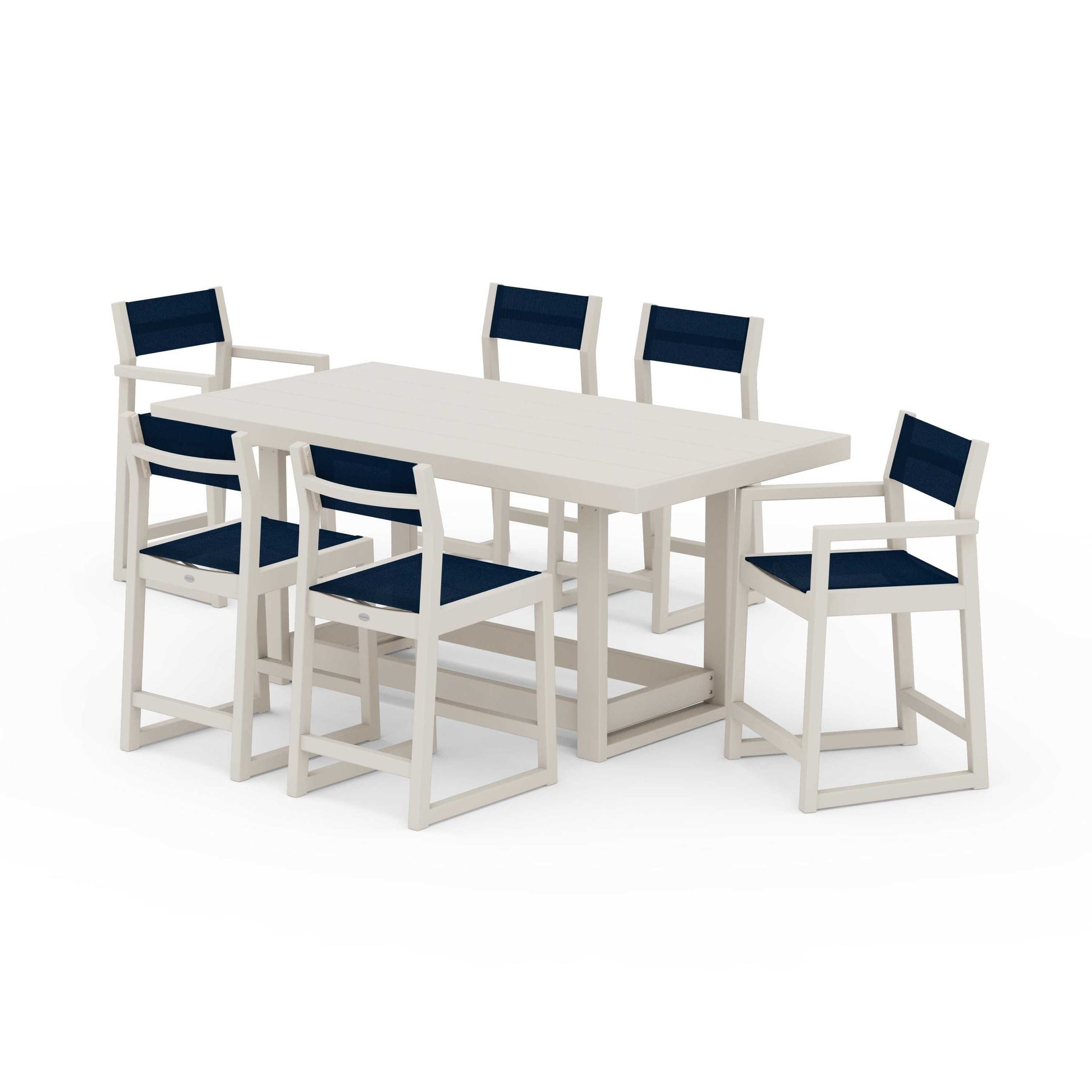 POLYWOOD EDGE Sling 7-Piece Counter Table Set — Sand / Navy Blue Sling