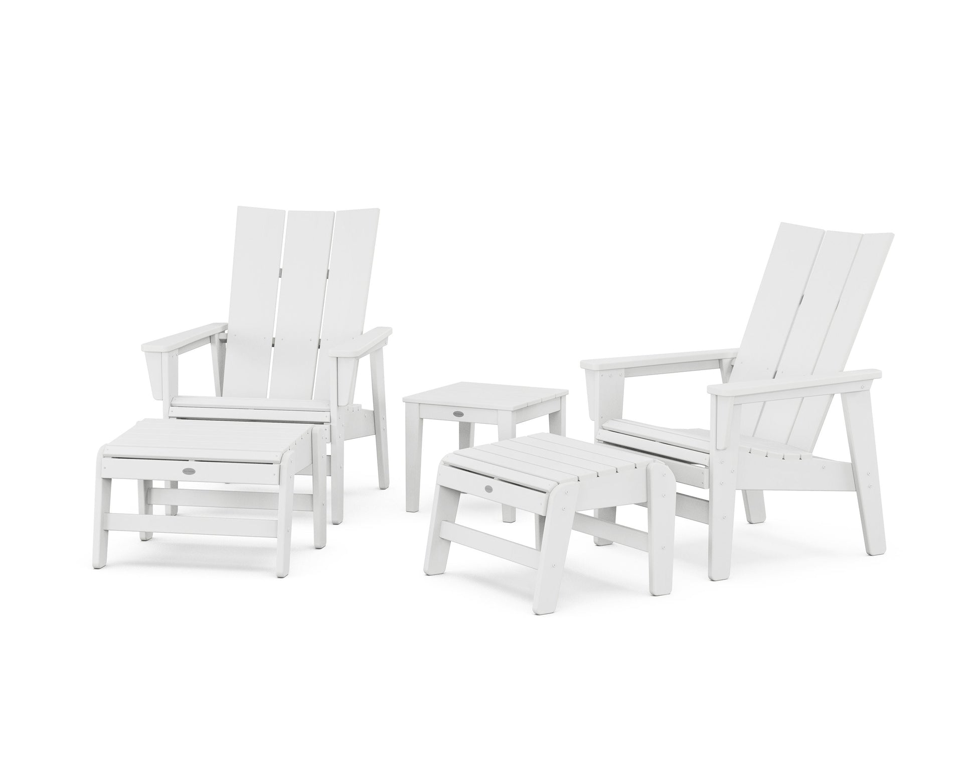 POLYWOOD 5-Piece Modern Grand Upright Adirondack Set with Ottomans and Side Table — White