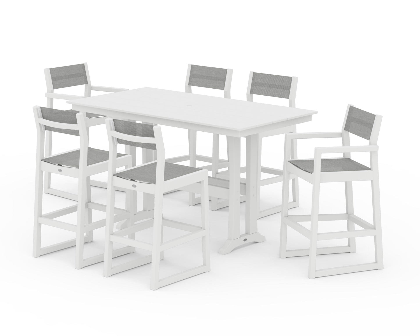 POLYWOOD EDGE Sling 7-Piece Farmhouse Bar Set with Trestle Legs — White / Metallic Sling