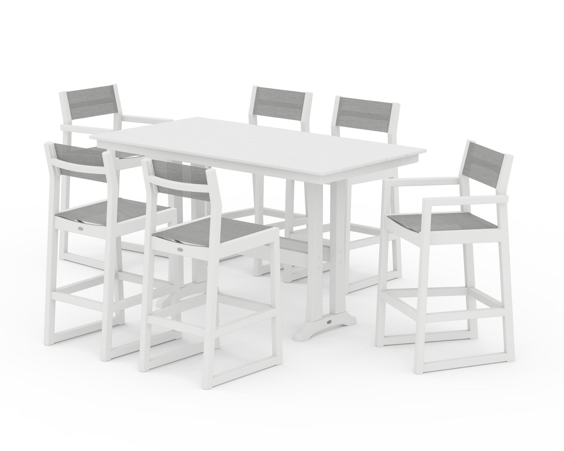 POLYWOOD EDGE Sling 7-Piece Farmhouse Bar Set with Trestle Legs — White / Metallic Sling