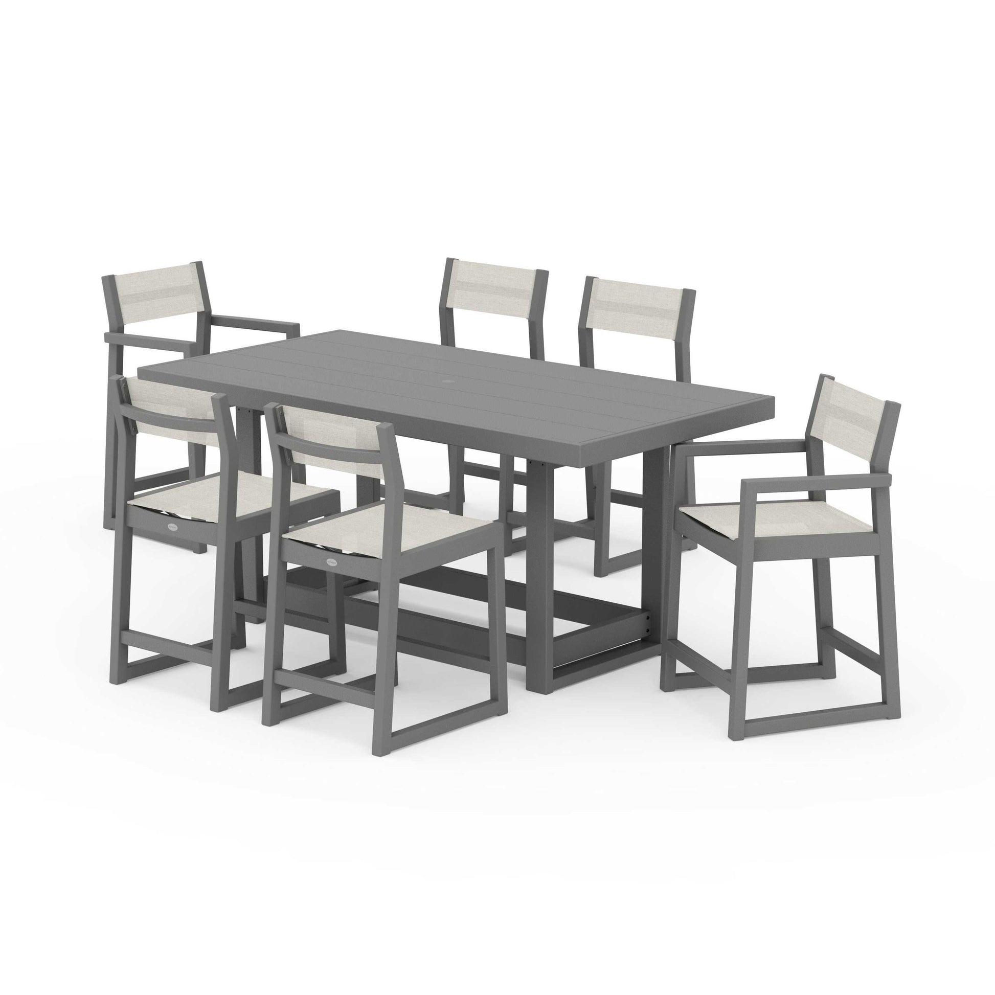 POLYWOOD EDGE Sling 7-Piece Counter Table Set — Slate Grey / Parchment Sling